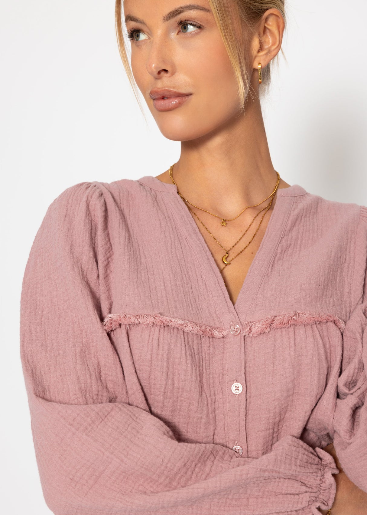 Musselin Bluse mit V-Ausschnitt und Fransen - altrosa