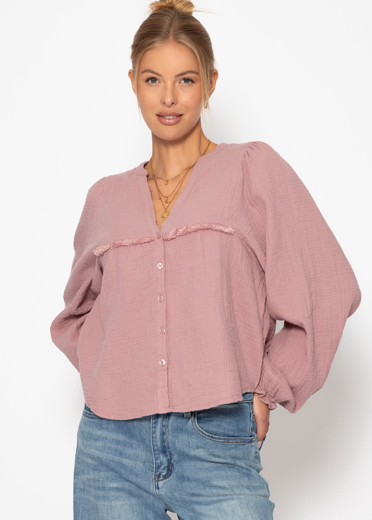 Musselin Bluse mit V-Ausschnitt und Fransen - altrosa