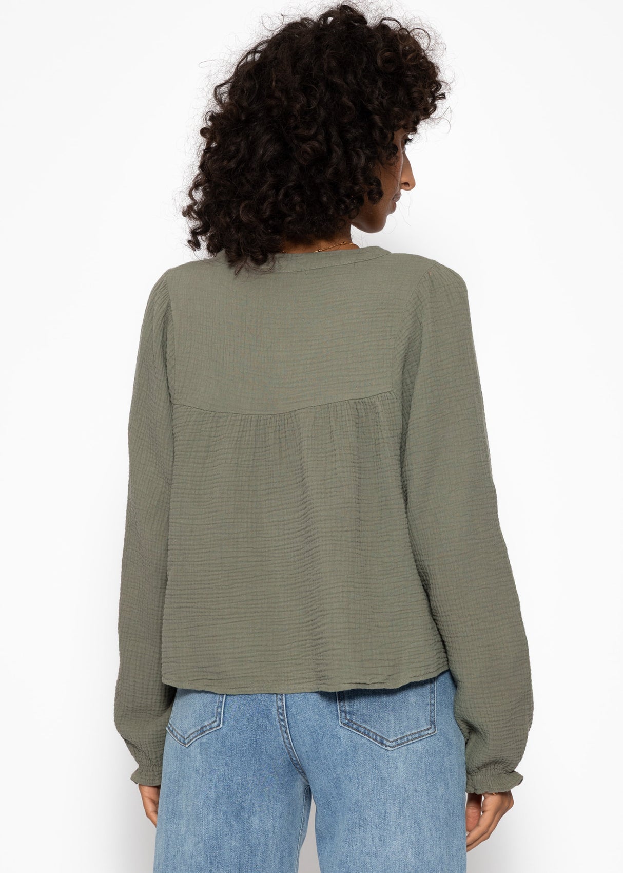 Muslin blouse with V-neck and fringe - khaki