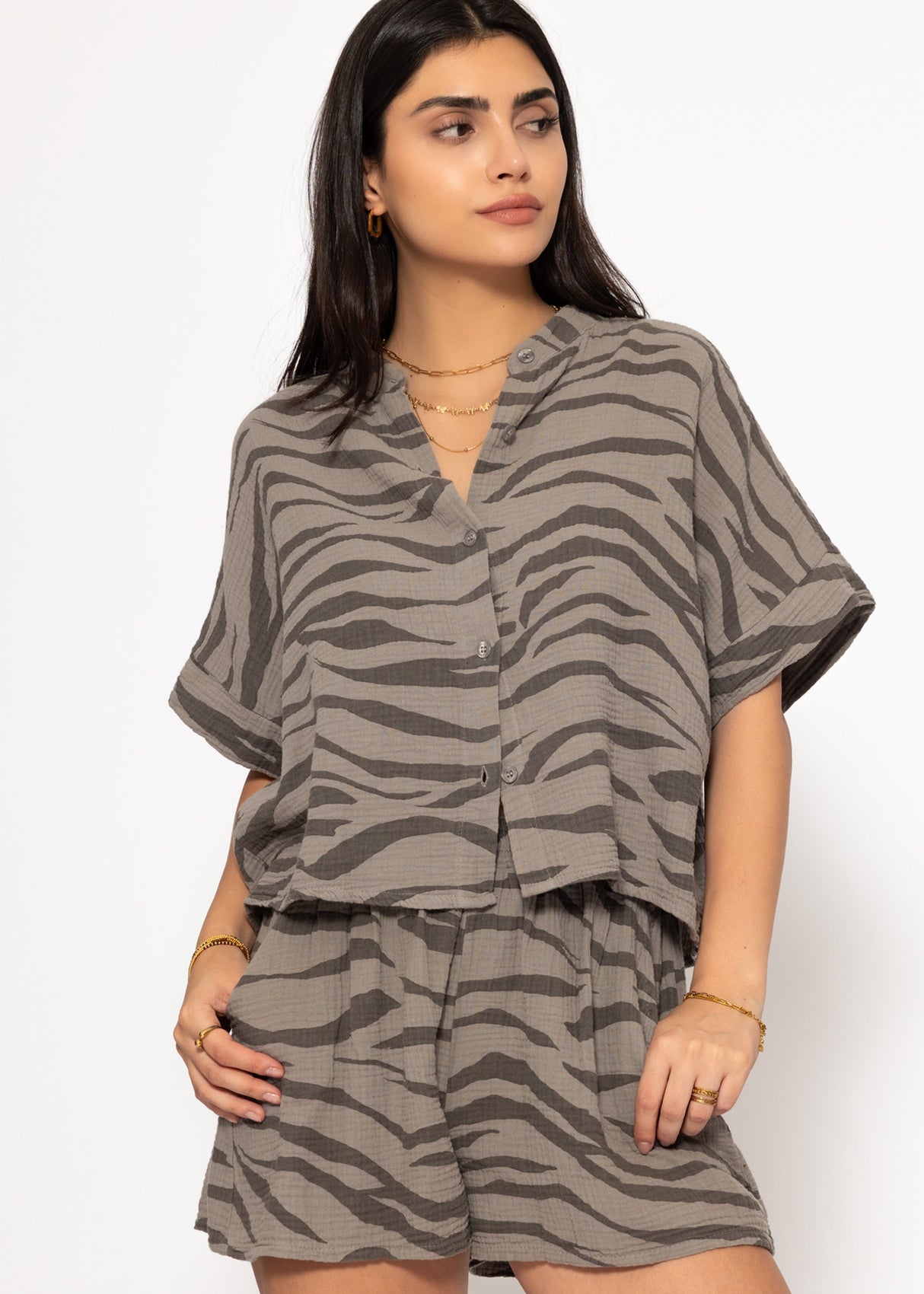 Musselin Bluse mit Zebra-Print - taupe