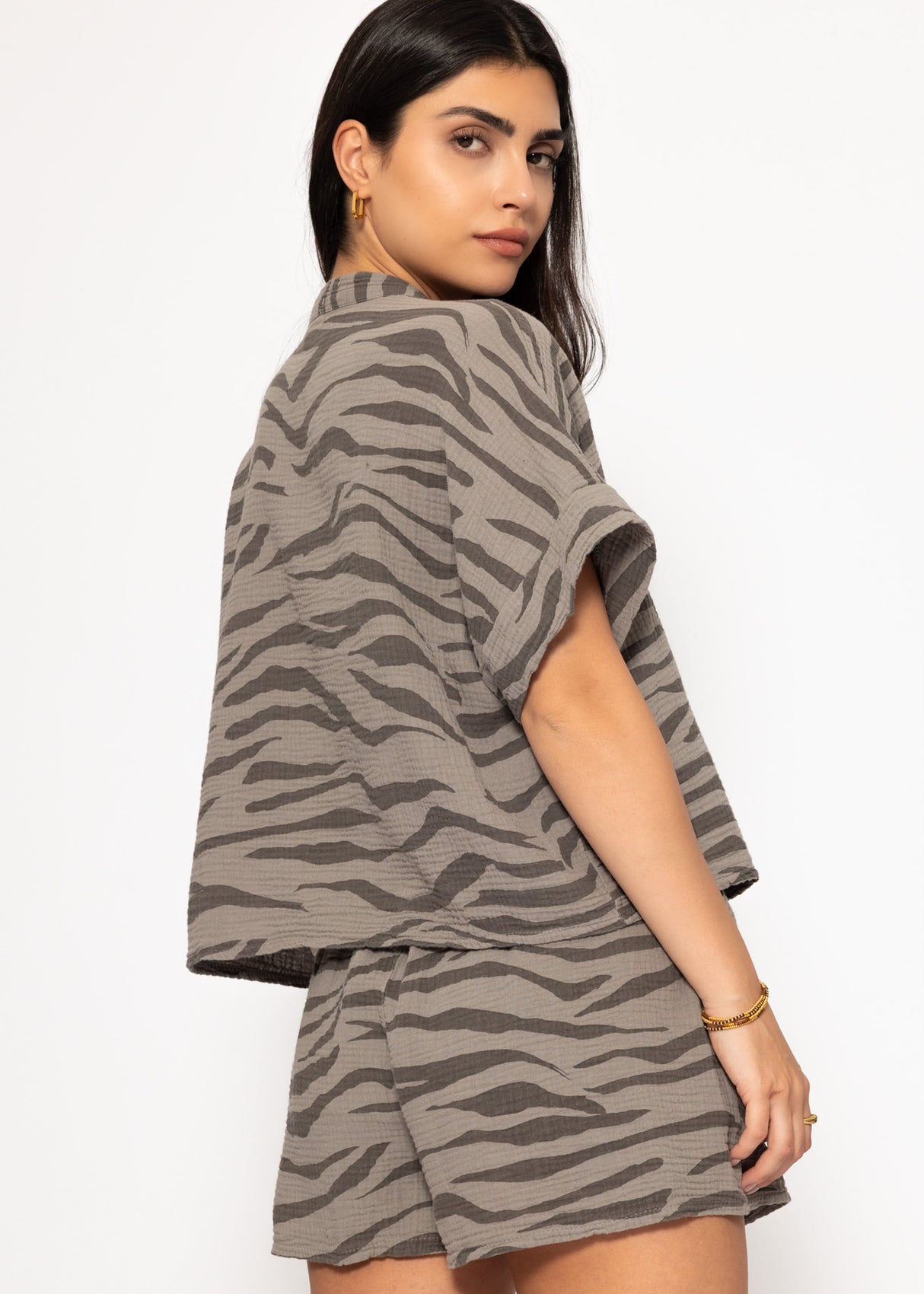 Musselin Bluse mit Zebra-Print - taupe