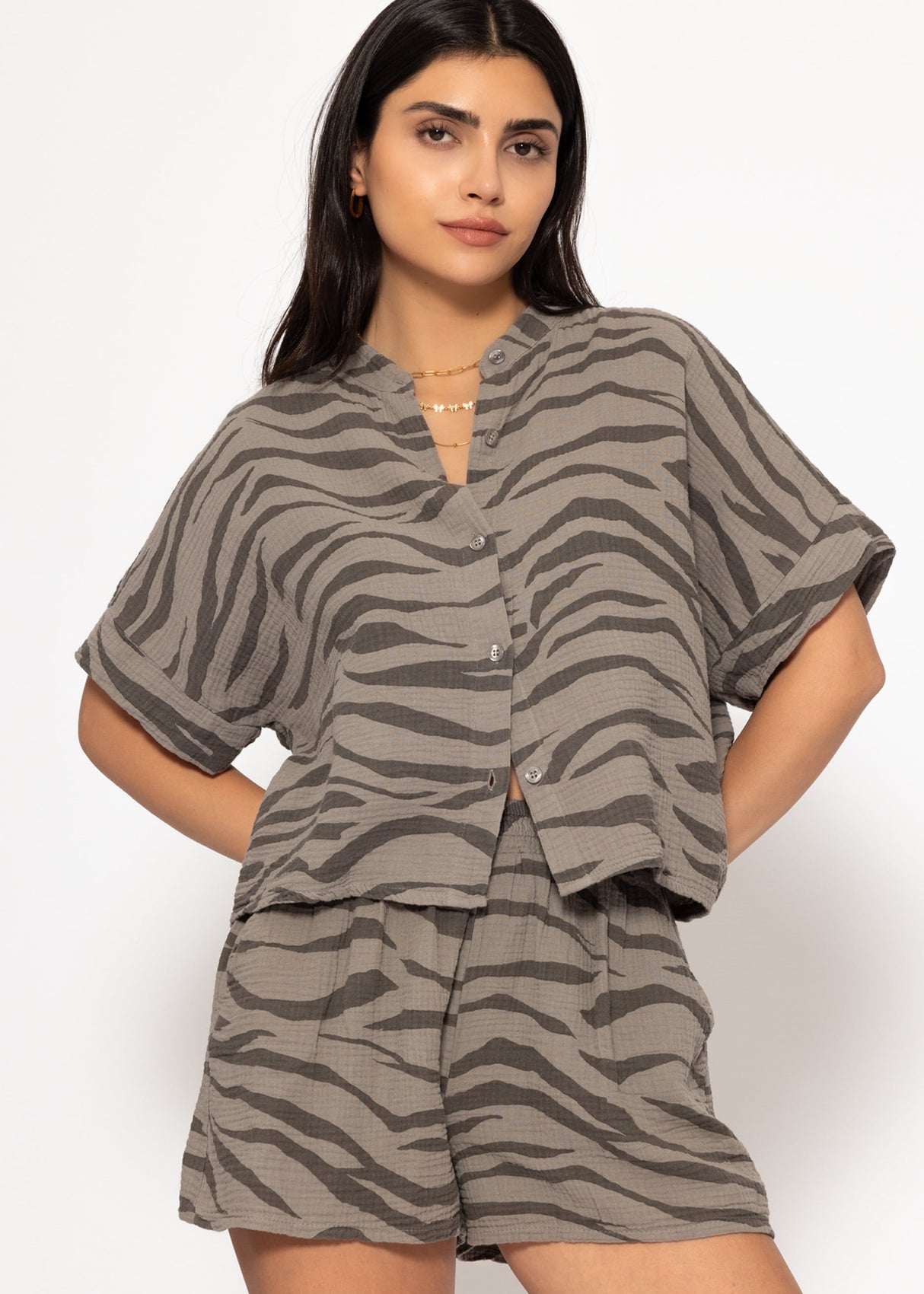 Musselin Bluse mit Zebra-Print - taupe