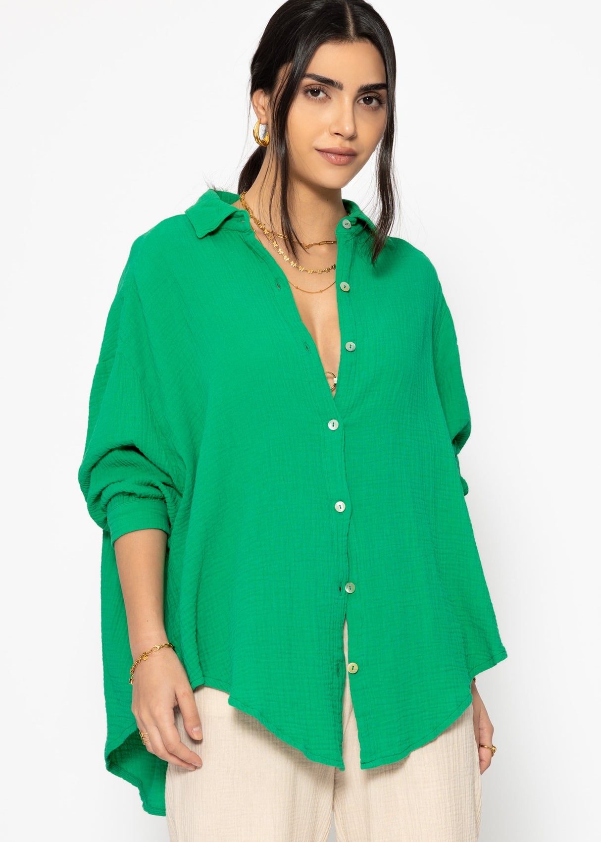 Musselin Bluse oversize, kurz, grün
