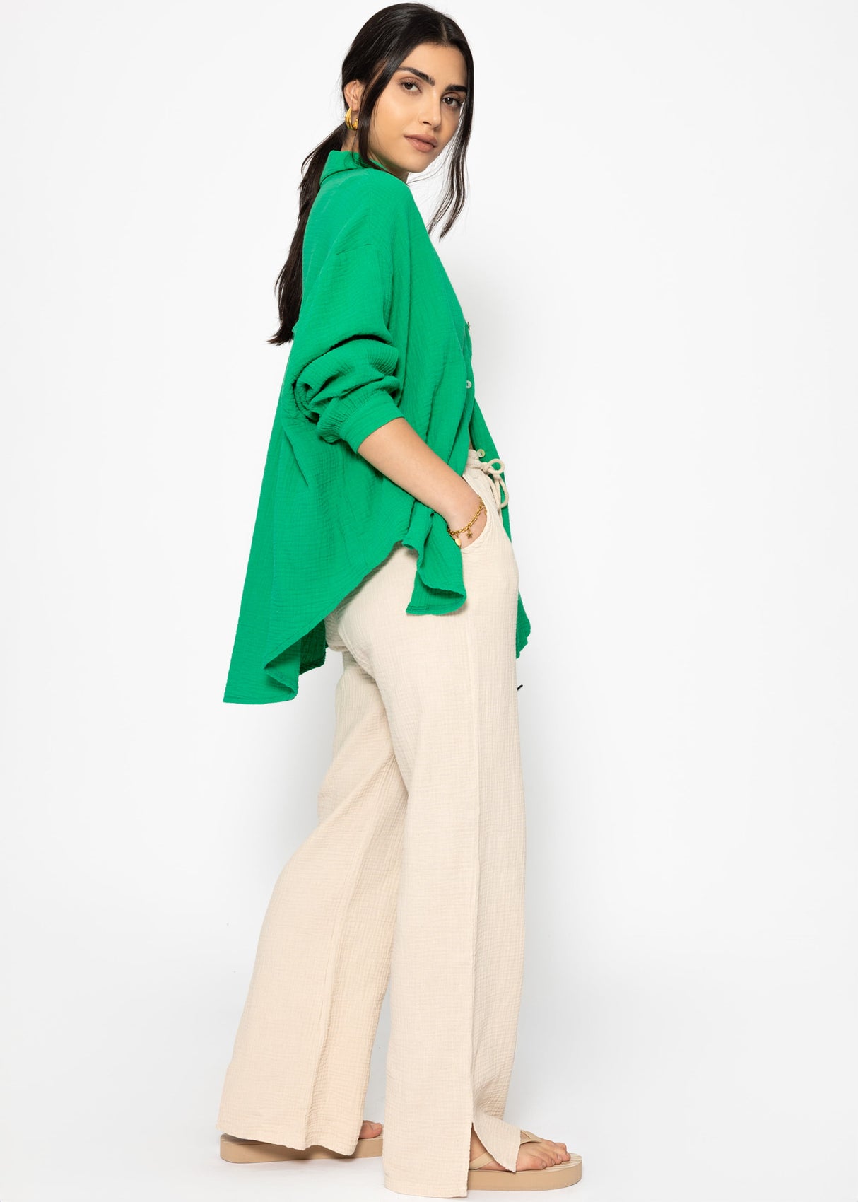 Musselin Bluse oversize, kurz, grün