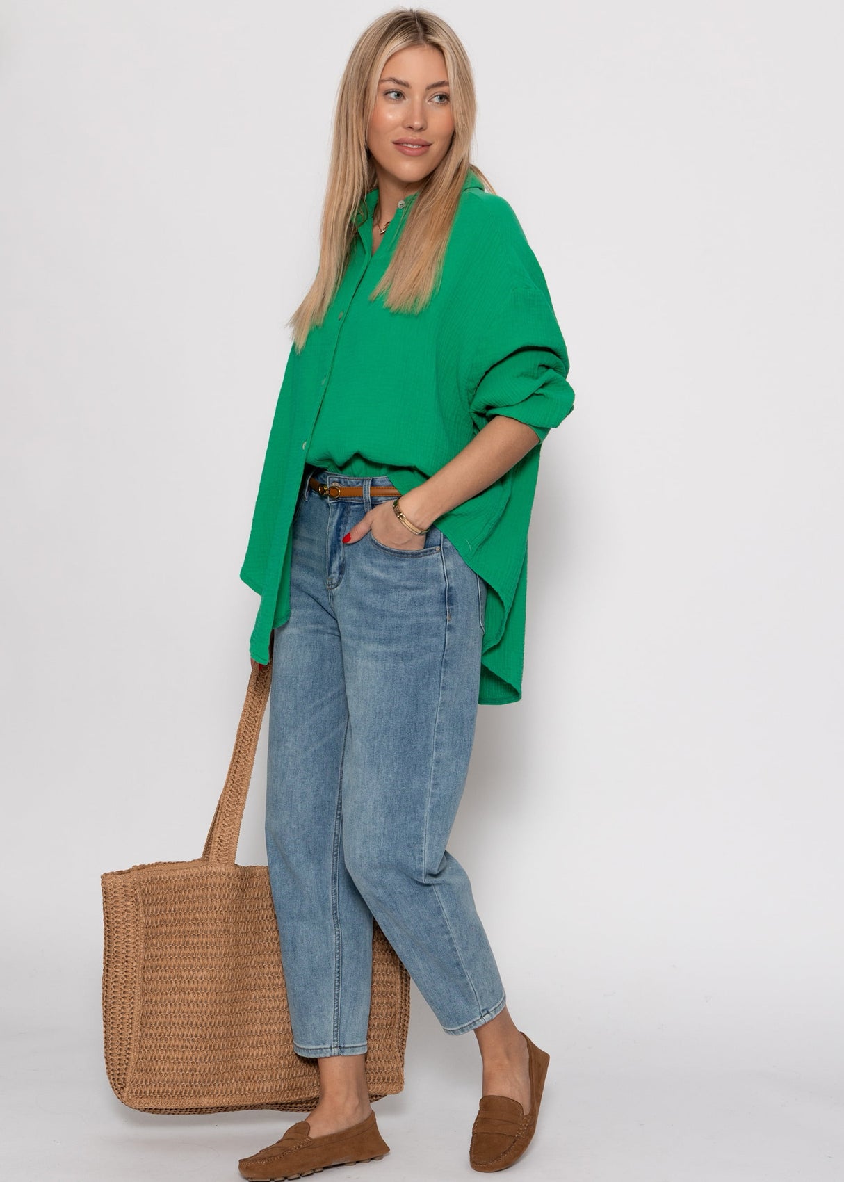 Musselin Bluse oversize, kurz, grün