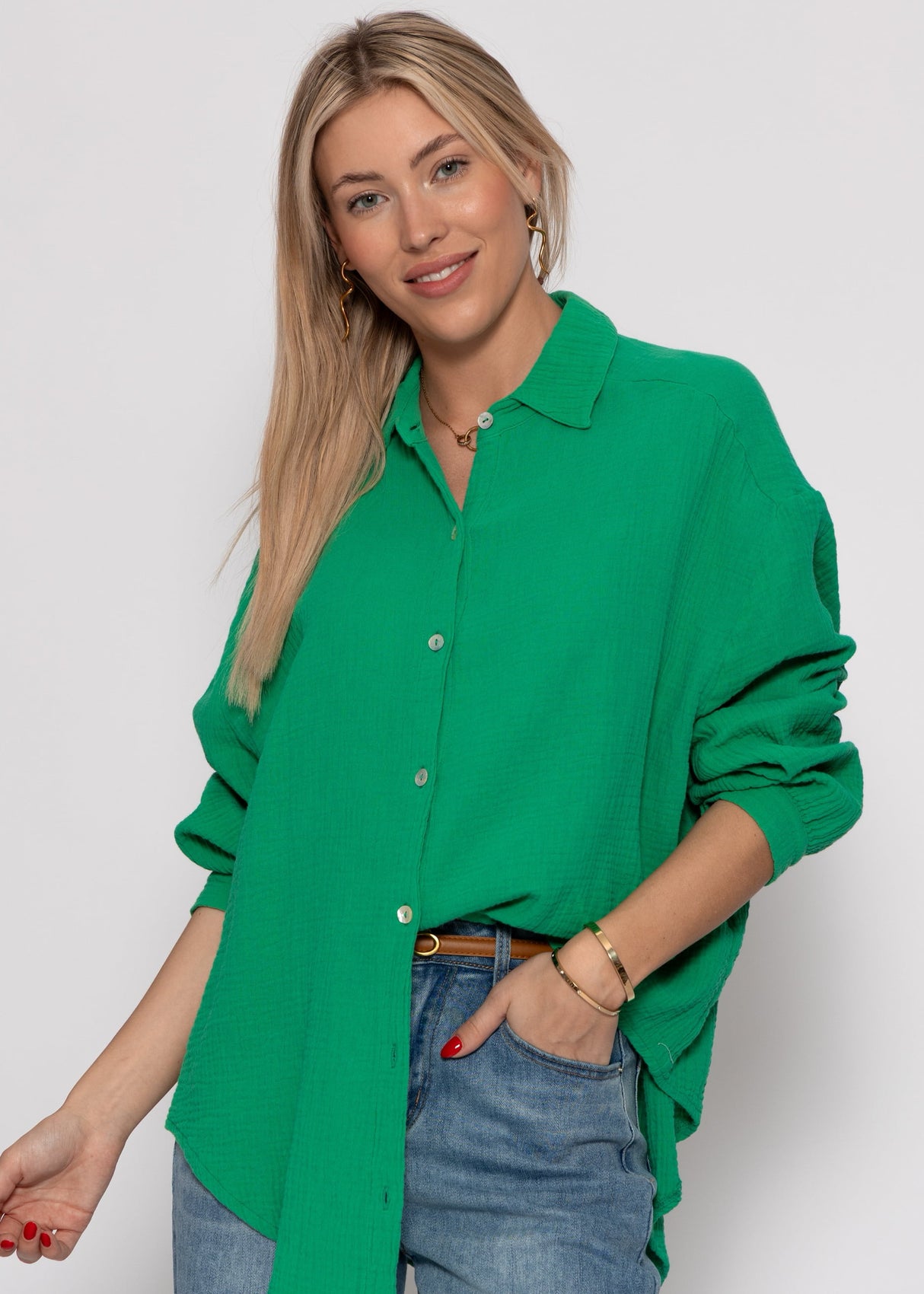 Musselin Bluse oversize, kurz, grün