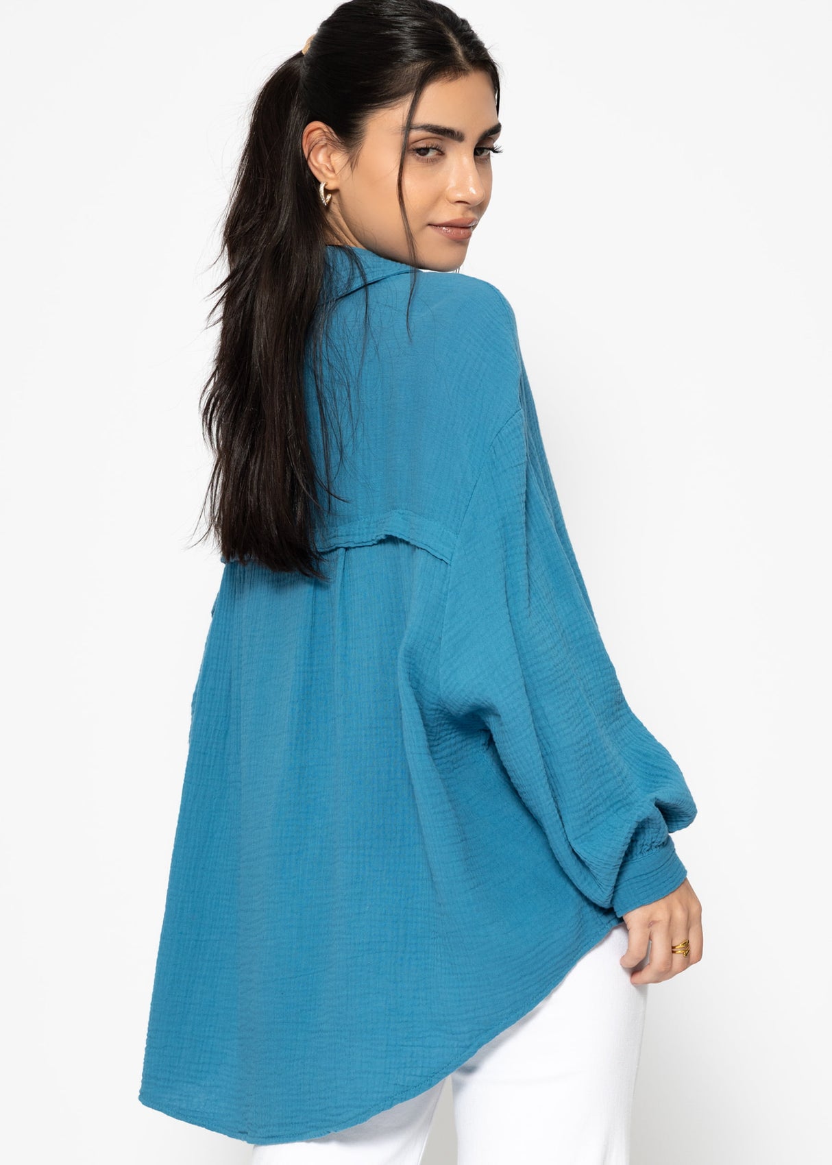 Musselin Bluse oversize, kurz, petrolblau