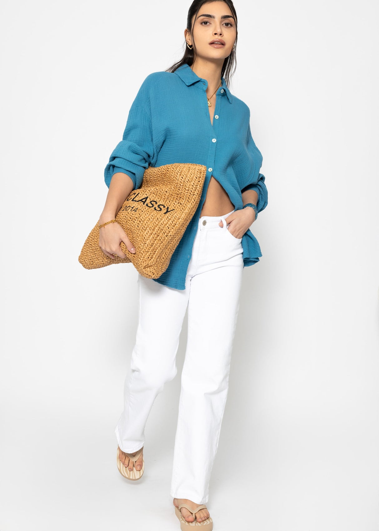 Musselin Bluse oversize, kurz, petrolblau