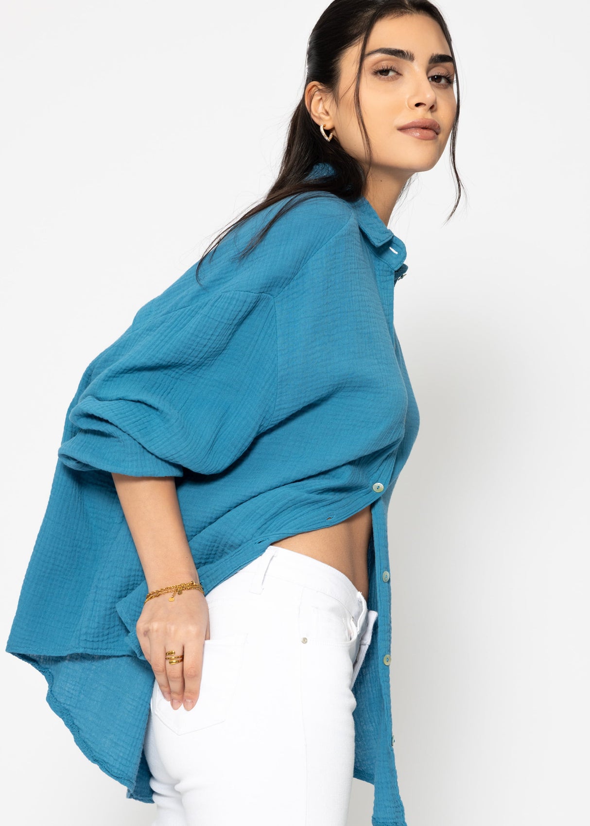 Musselin Bluse oversize, kurz, petrolblau
