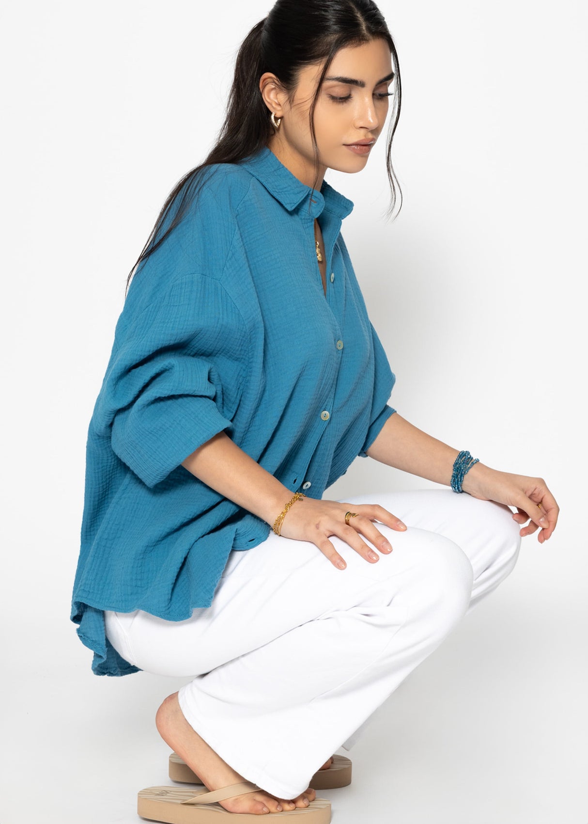 Musselin Bluse oversize, kurz, petrolblau