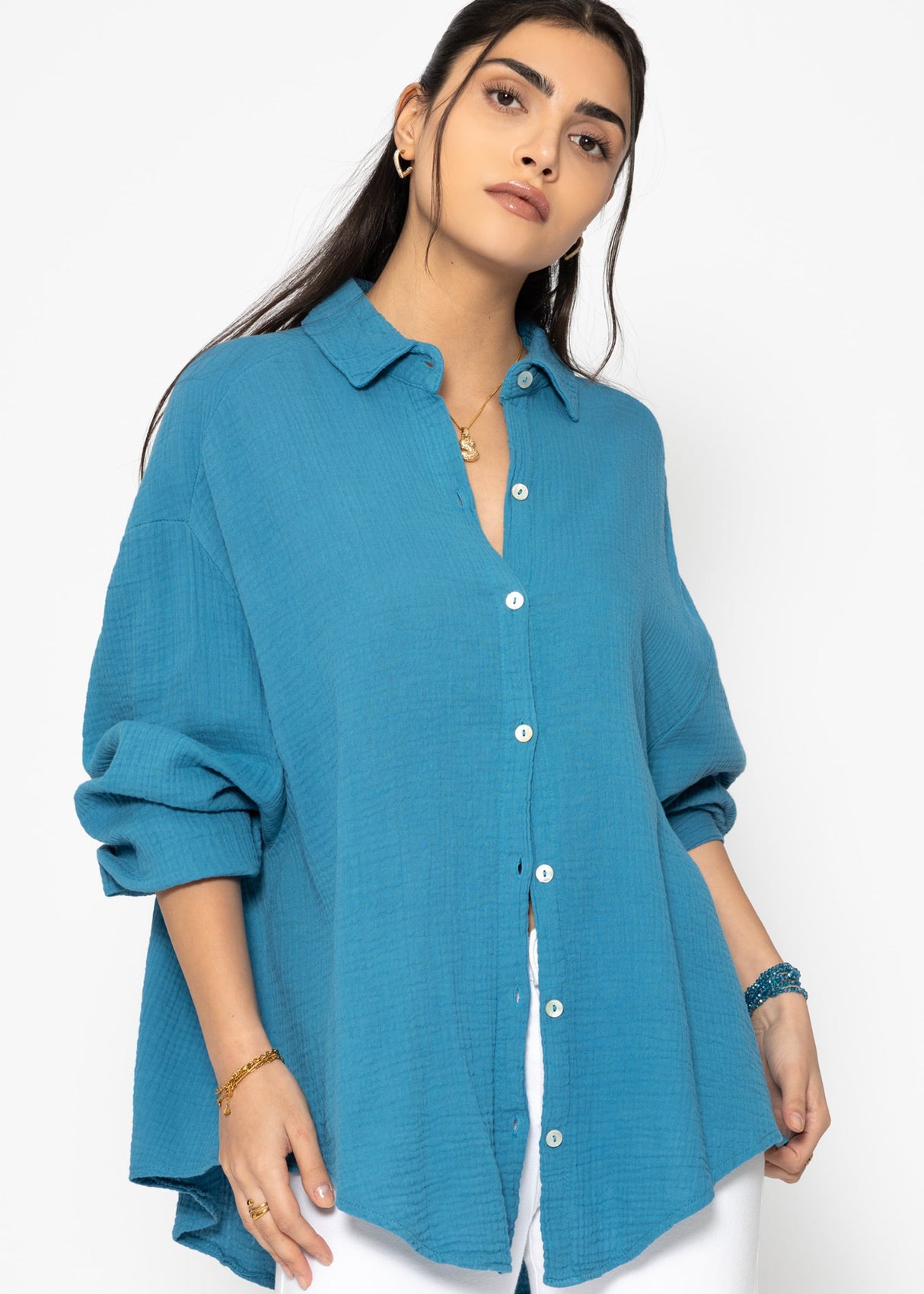 Musselin Bluse oversize, kurz, petrolblau