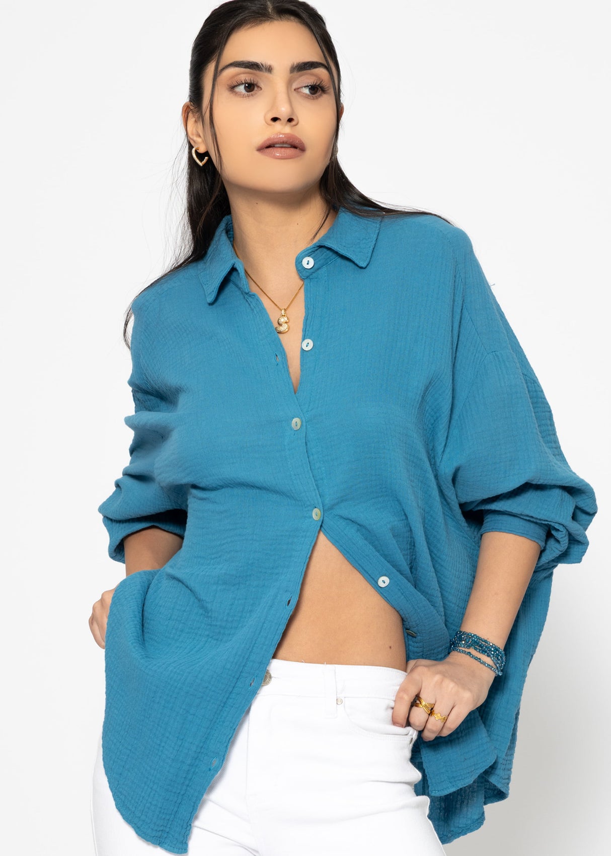 Musselin Bluse oversize, kurz, petrolblau
