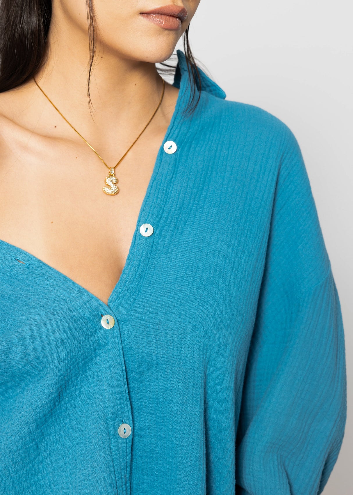 Musselin Bluse oversize, kurz, petrolblau