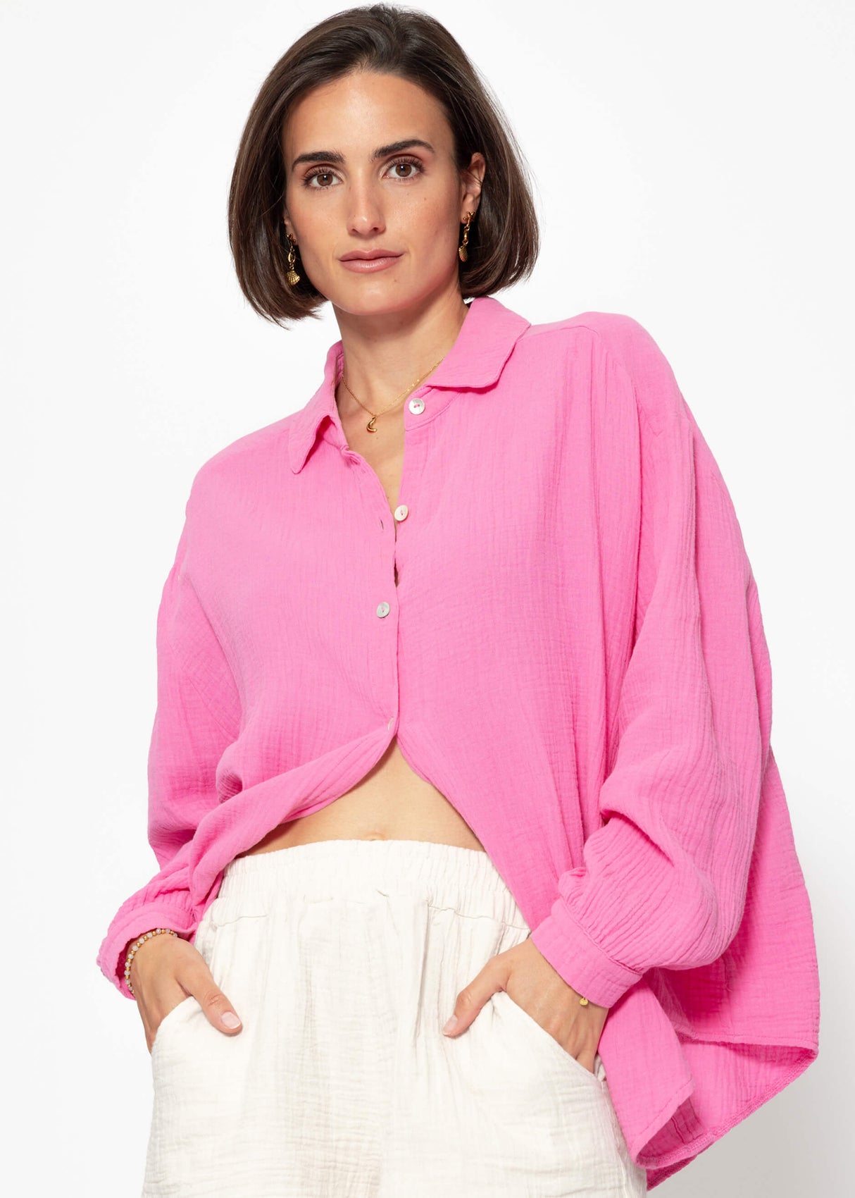 Musselin Bluse oversize, kurz, pink