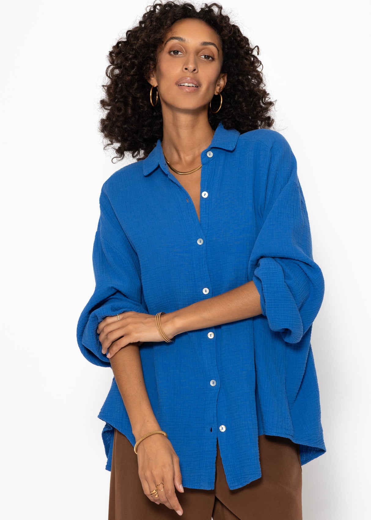 Musselin Bluse oversize, kurz, royalblau