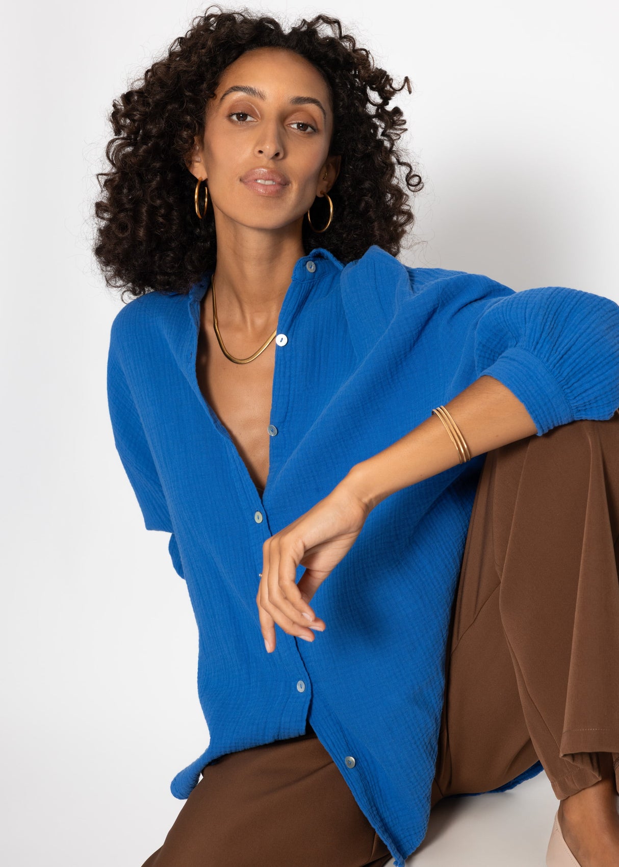 Musselin Bluse oversize, kurz, royalblau