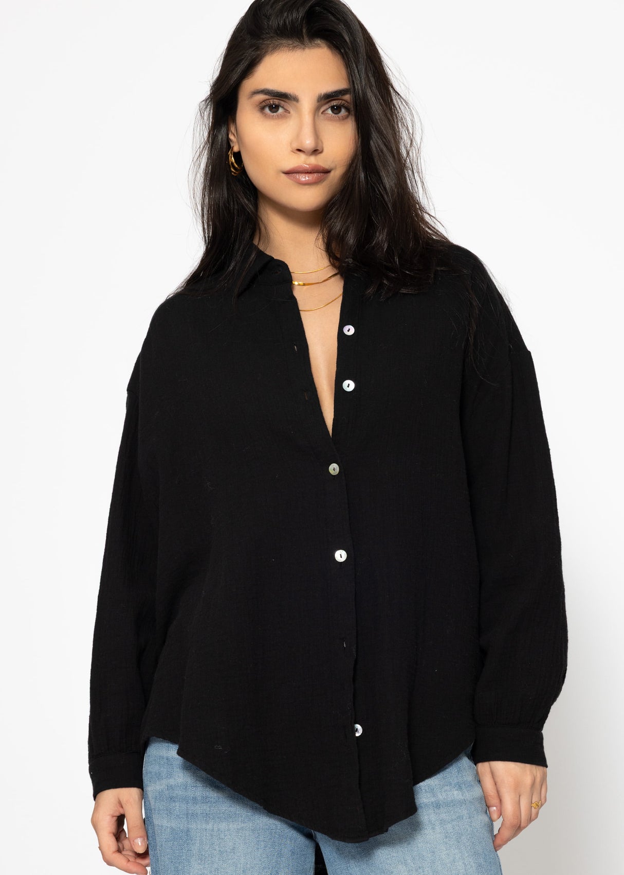 Musselin Bluse oversize, kurz, schwarz