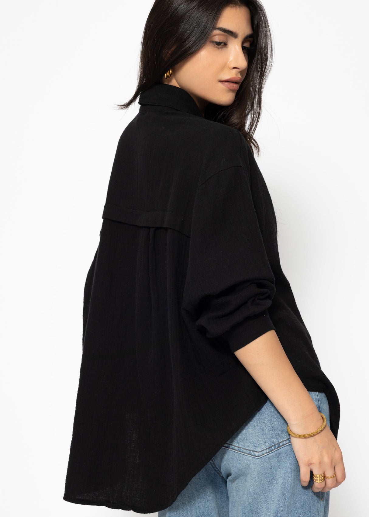 Musselin Bluse oversize, kurz, schwarz