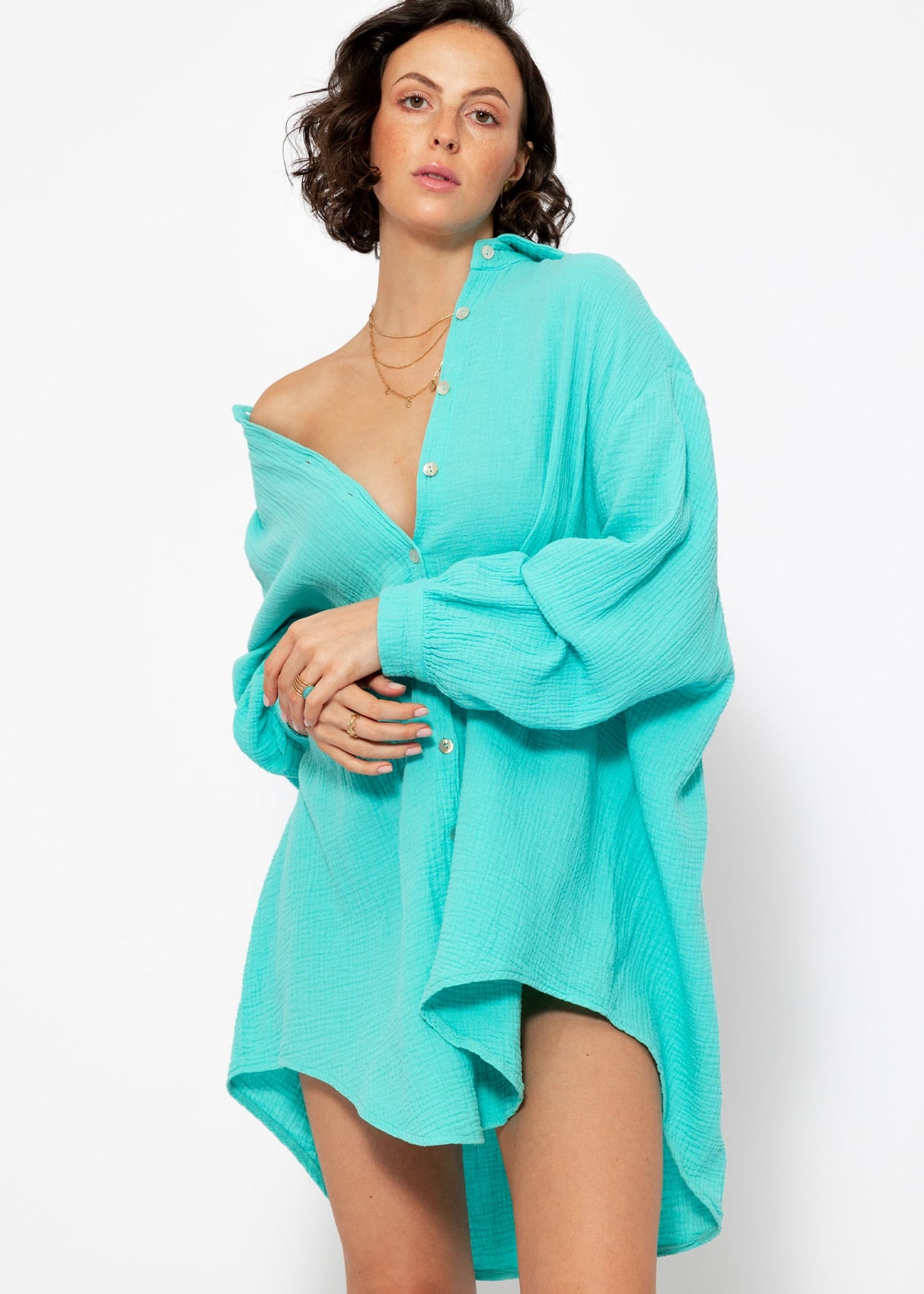 Muslin blouse oversize, turquoise