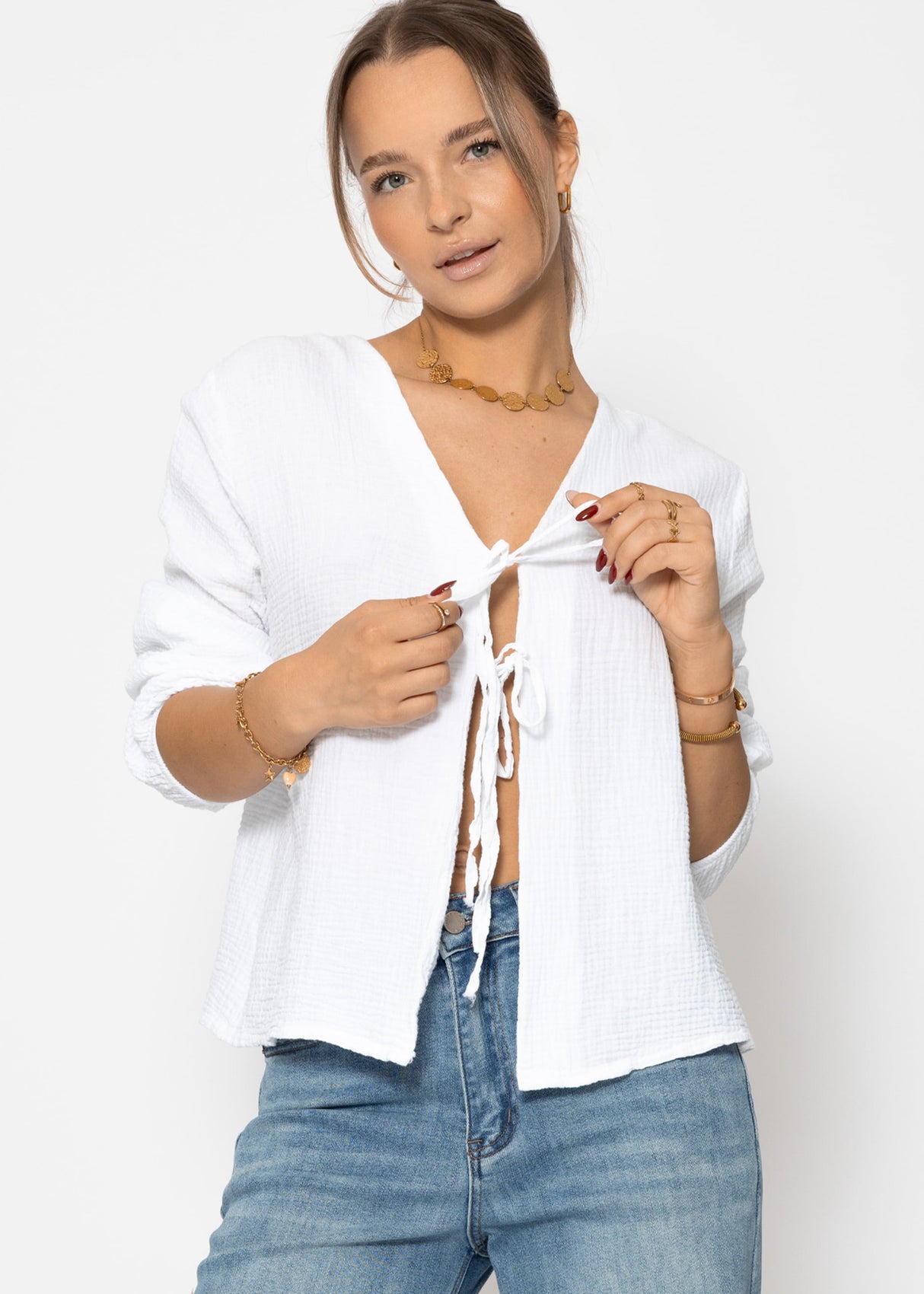 Musselin Blusenjacke mit Bindebänder - weiß