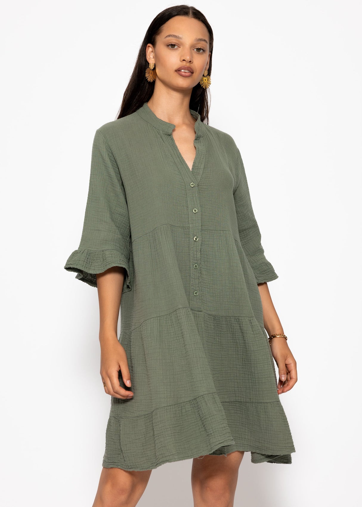 Musselin Dress with Volants - Khaki