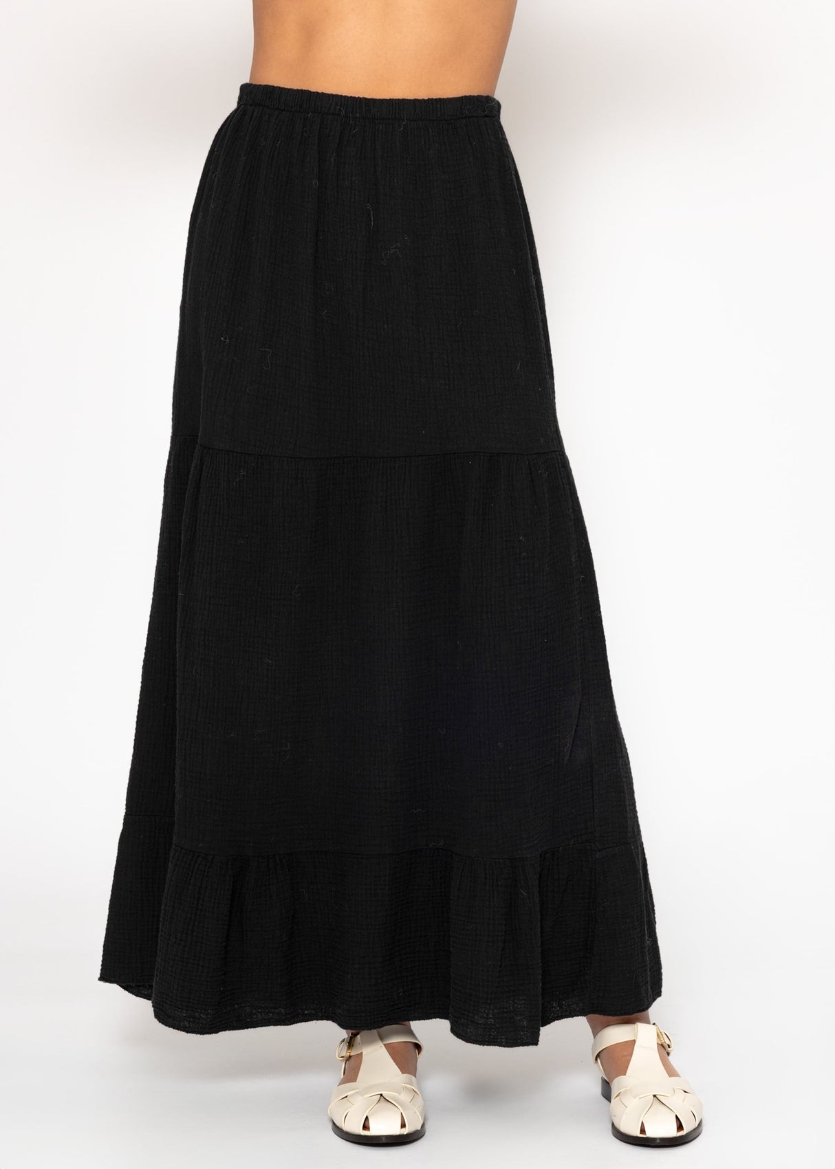 Musselin Maxi Rock mit Volants - schwarz