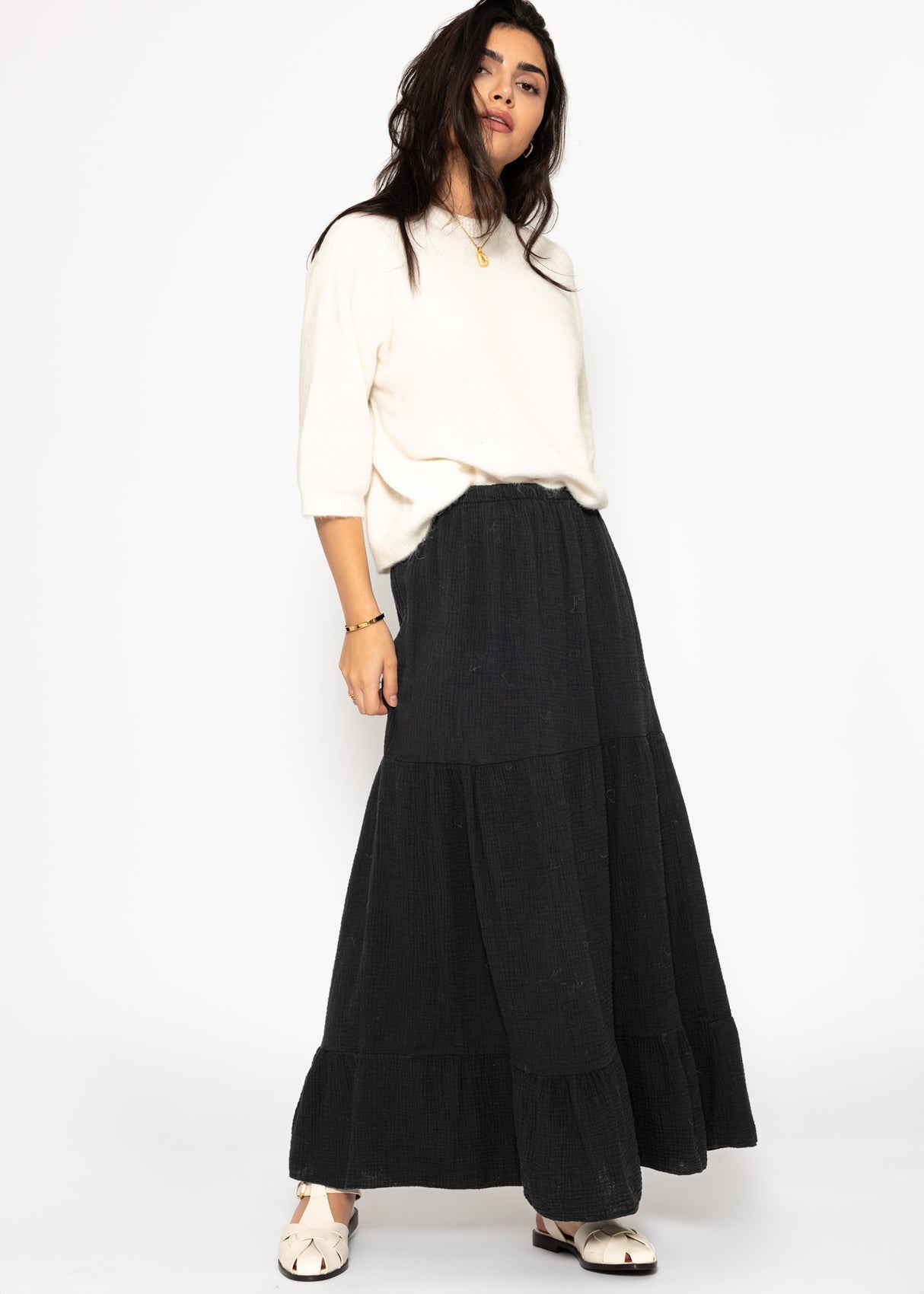 Musselin Maxi Rock mit Volants - schwarz