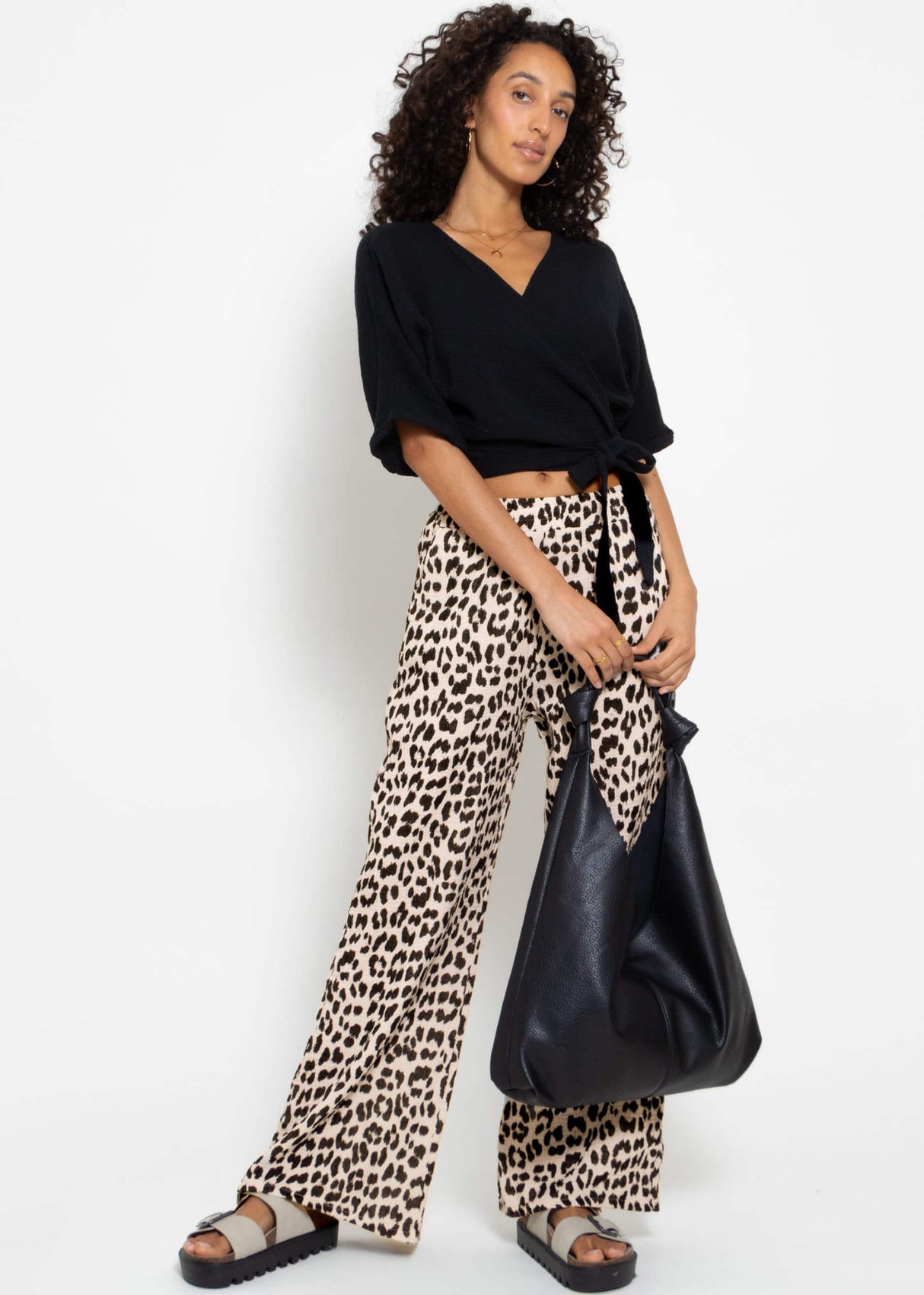 Wide-leg muslin pants in leopard print - light beige