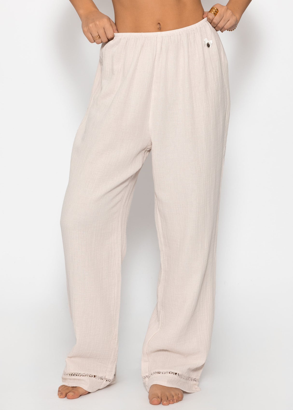 Muslin pajama pants with lace trim - light beige