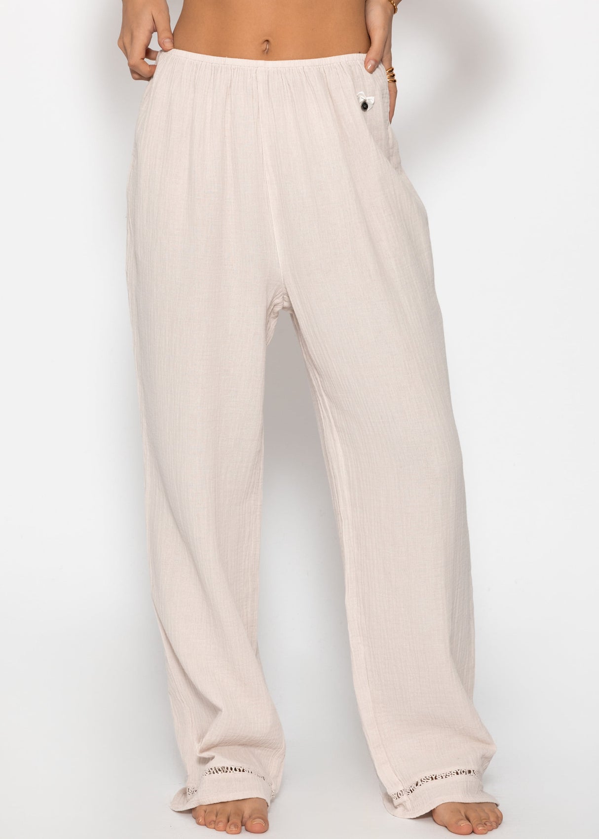 Muslin pajama pants with lace trim - light beige