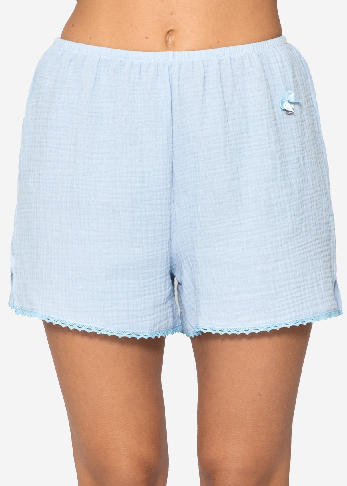 Musselin Pyjamashorts mit Spitzenborte - blau