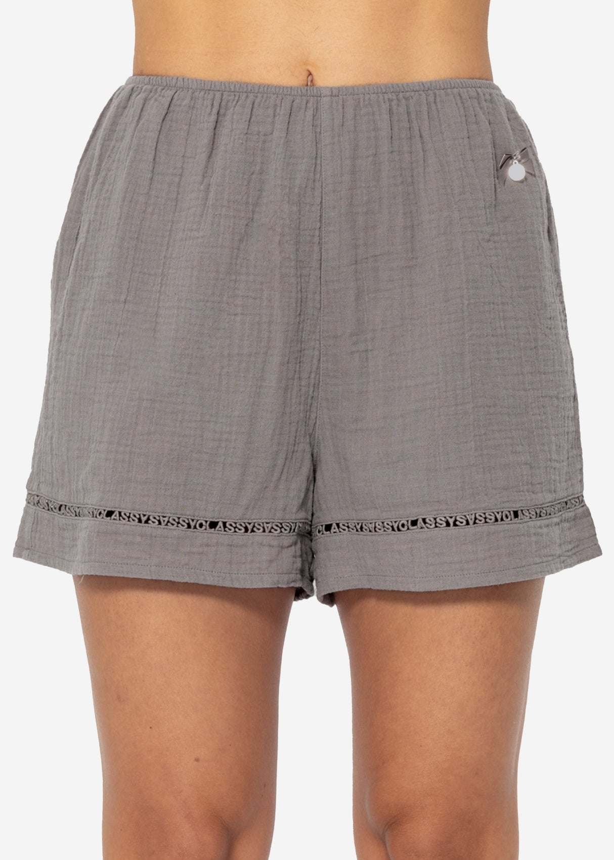 Muslin pajama shorts with lace trim - taupe