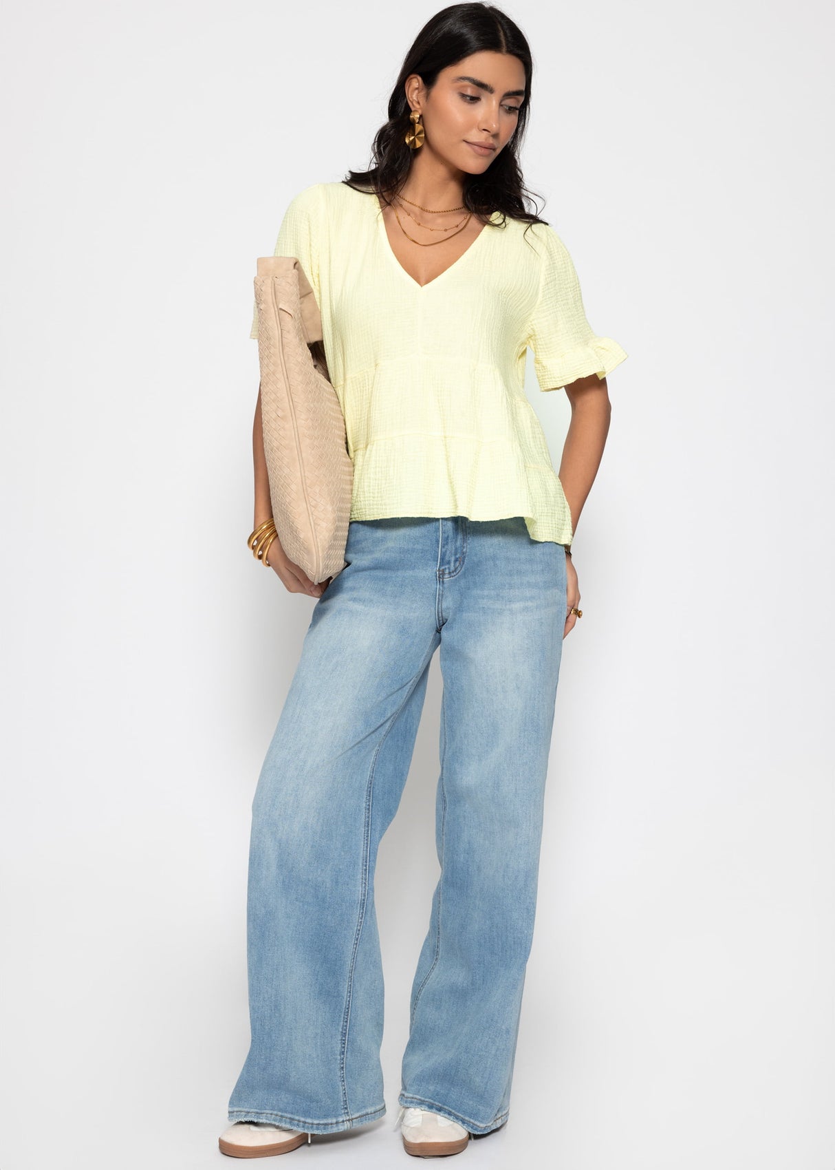 Muslin shirt with ruffles and deep V-neck - butter yellow