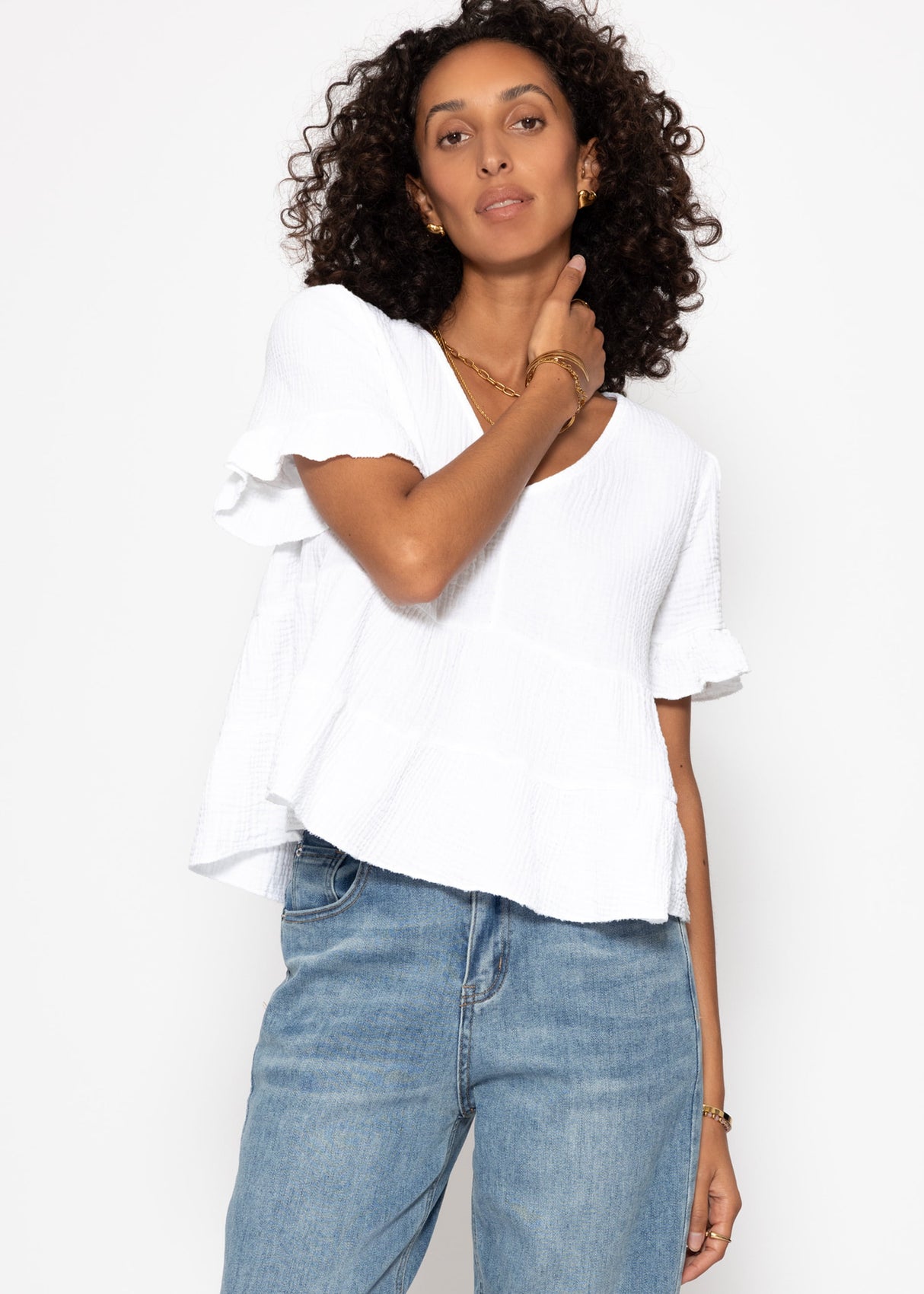 Musselin Shirt mit Volants - weiß