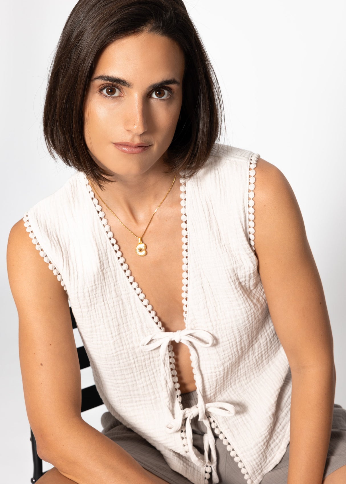 Musselin Top mit Schleifen - hellbeige