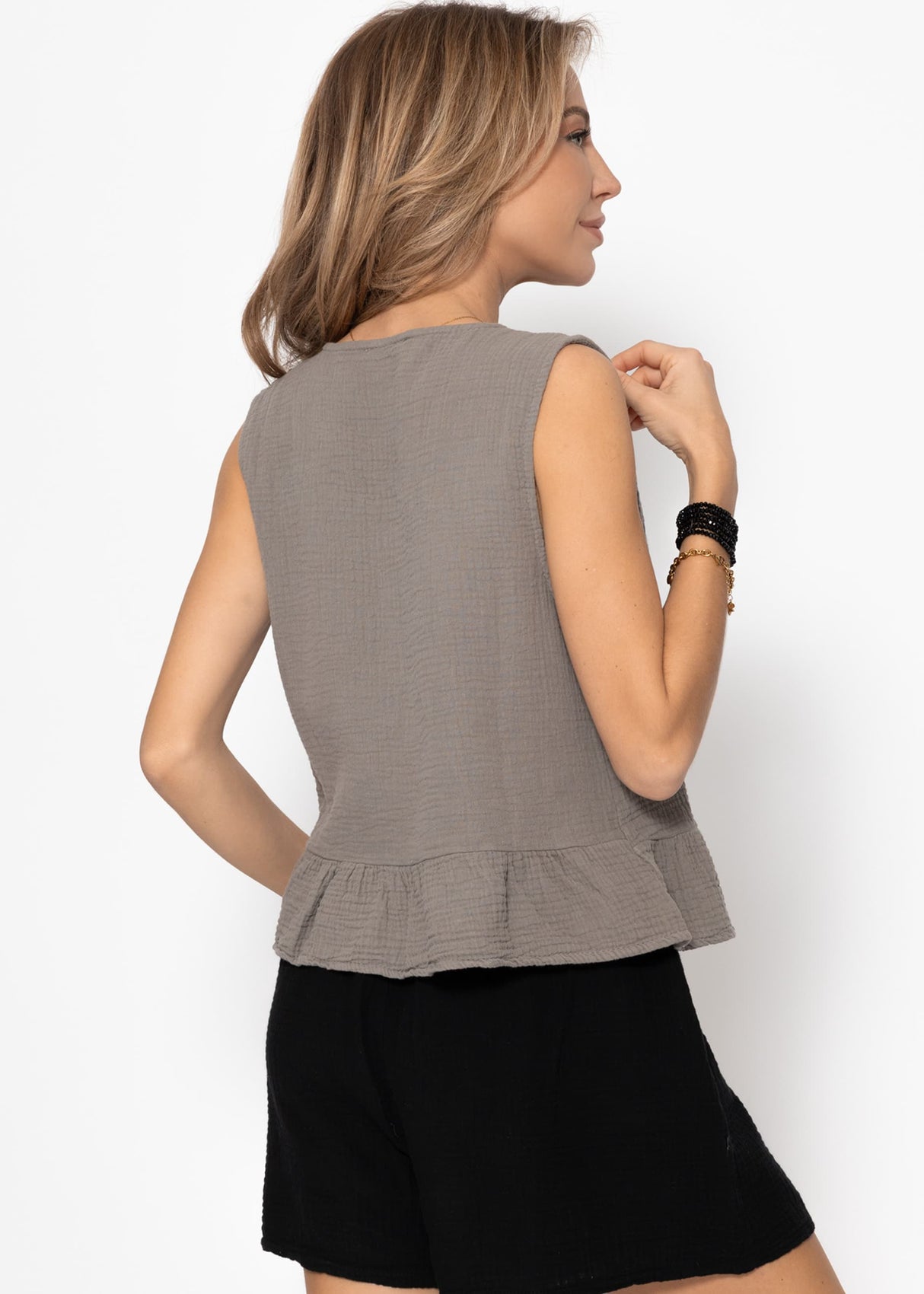 Muslin top with bow closure - taupe