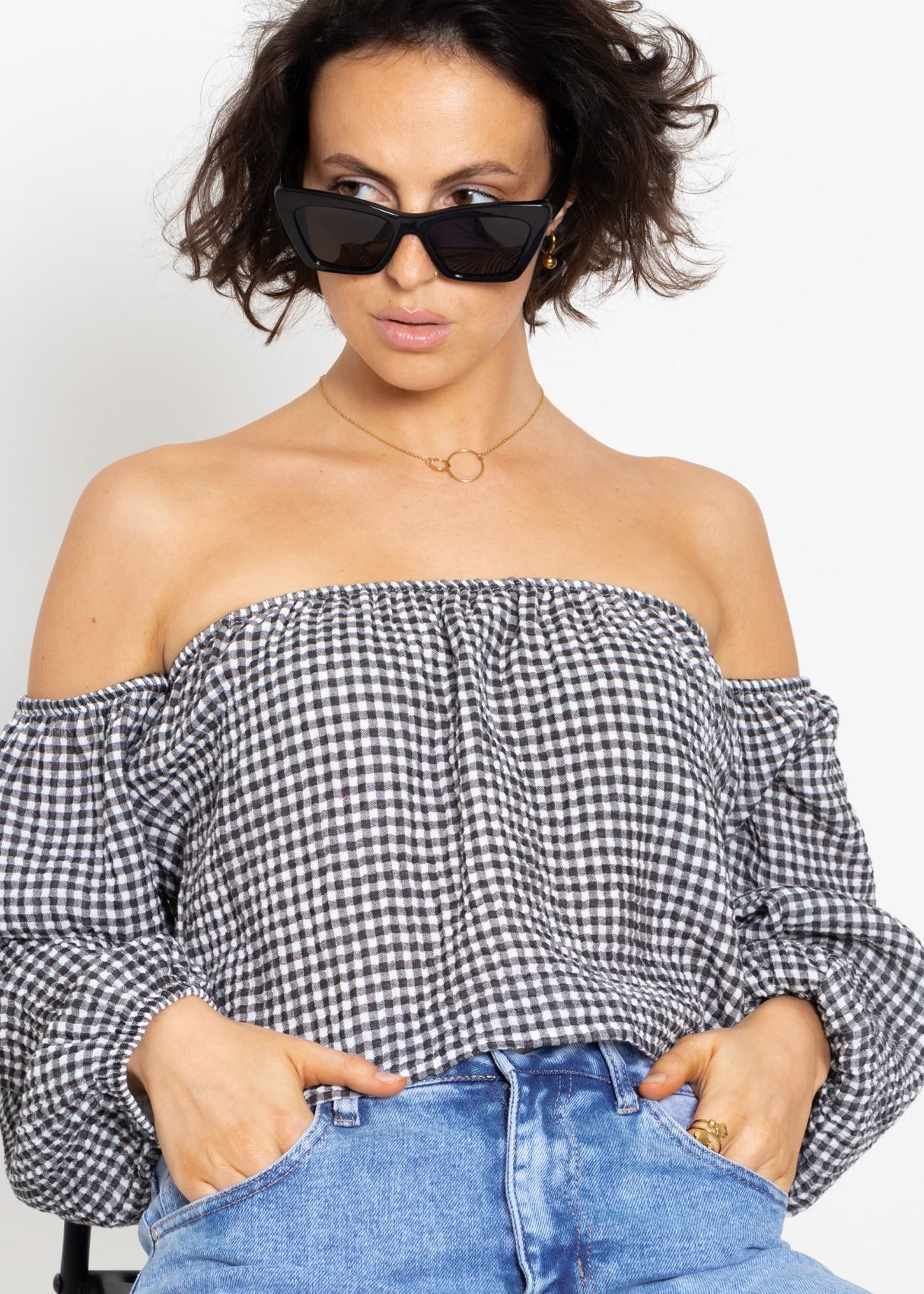 Musselin Top mit Vichy-Print, schulterfrei - schwarz-weiß
