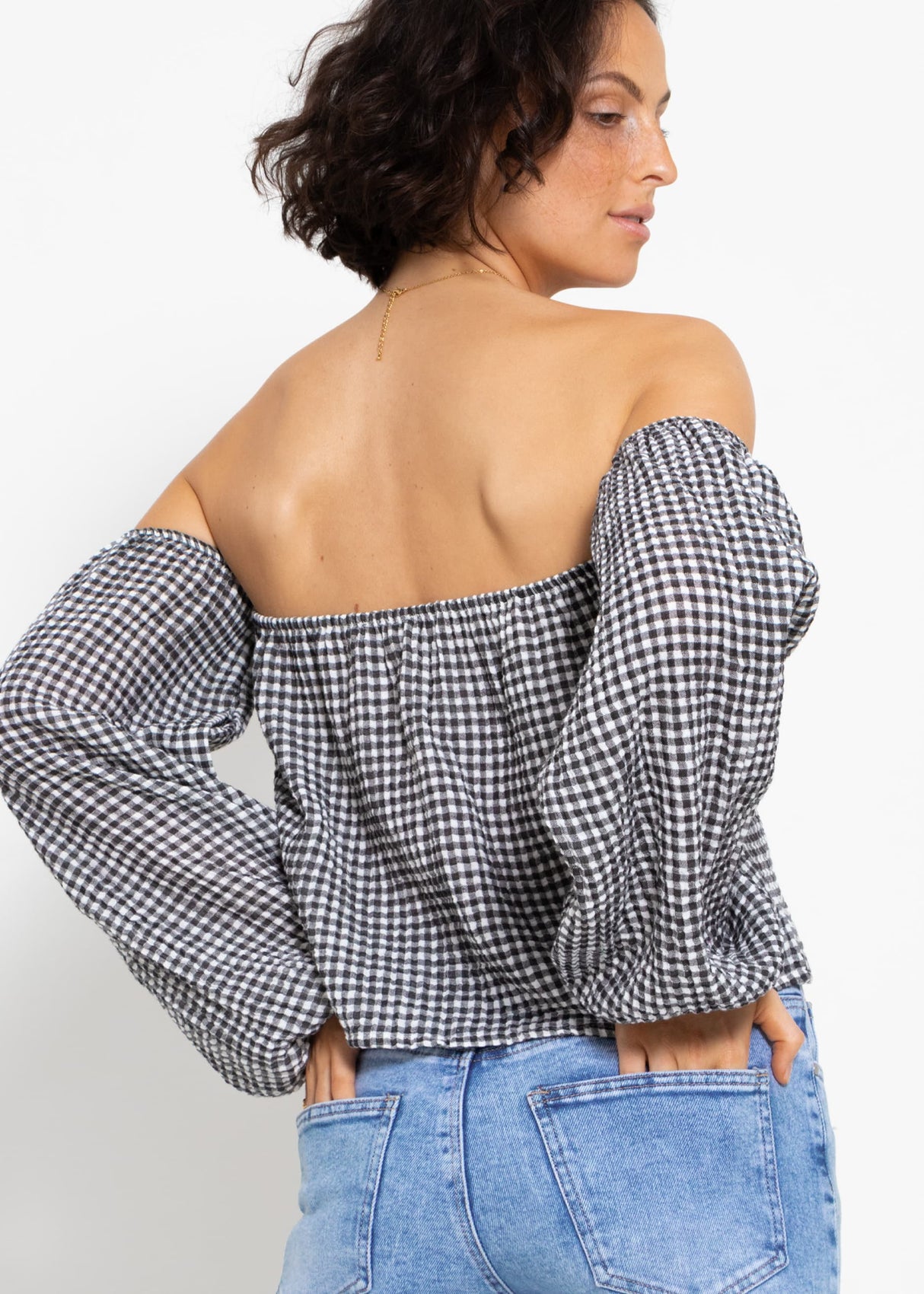 Musselin Top mit Vichy-Print, schulterfrei - schwarz-weiß