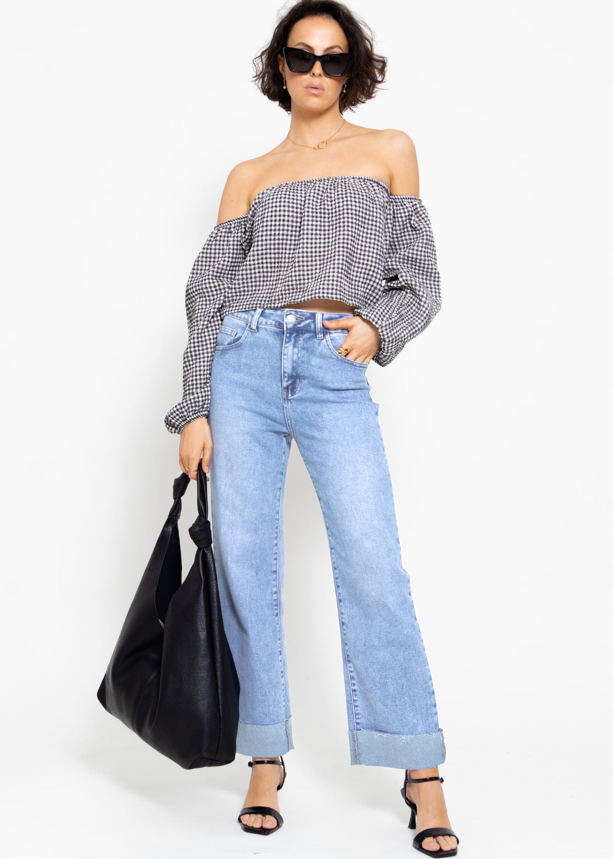 Musselin Top mit Vichy-Print, schulterfrei - schwarz-weiß