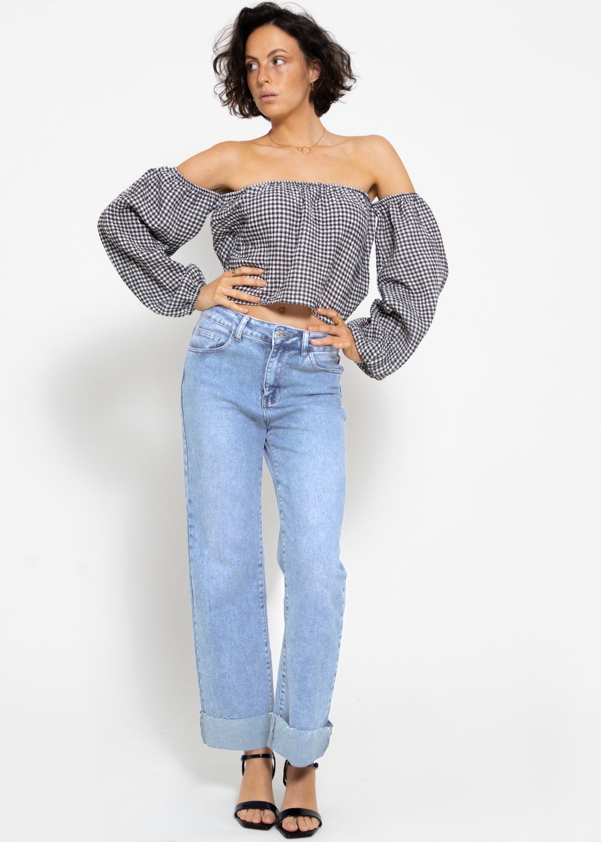 Musselin Top mit Vichy-Print, schulterfrei - schwarz-weiß