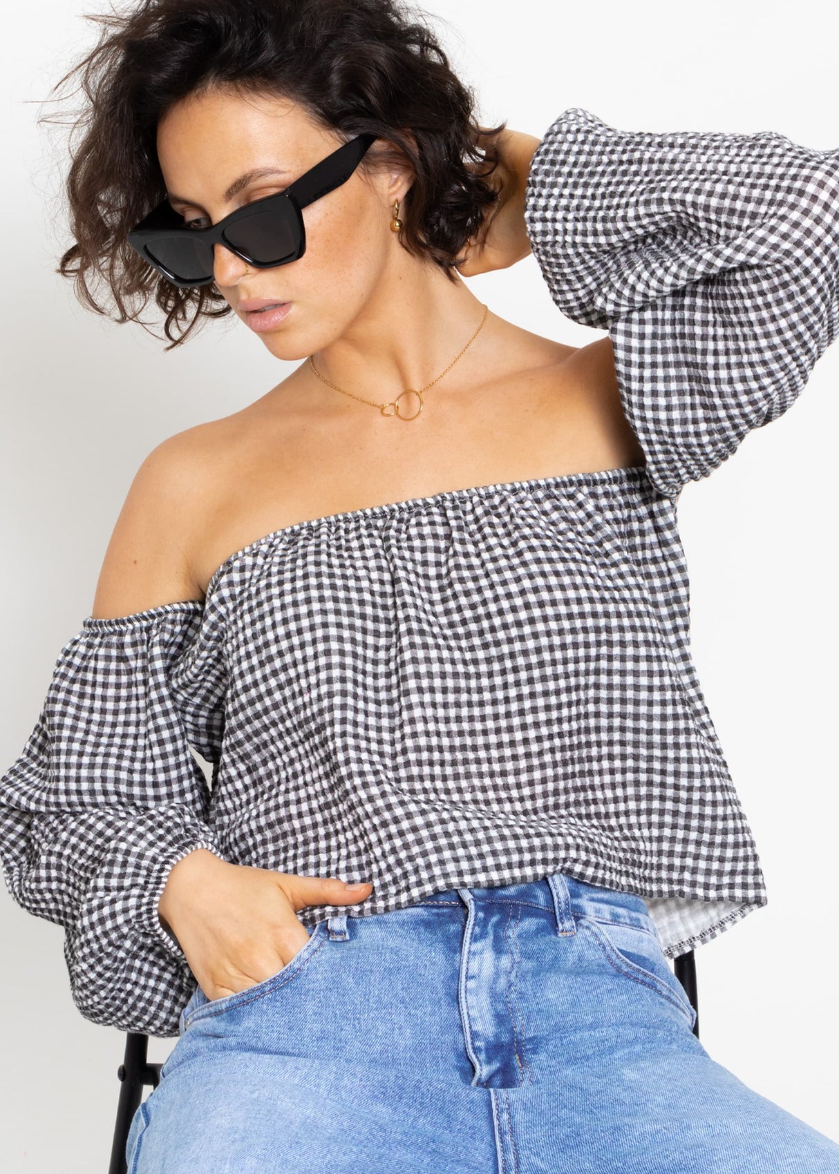 Musselin Top mit Vichy-Print, schulterfrei - schwarz-weiß