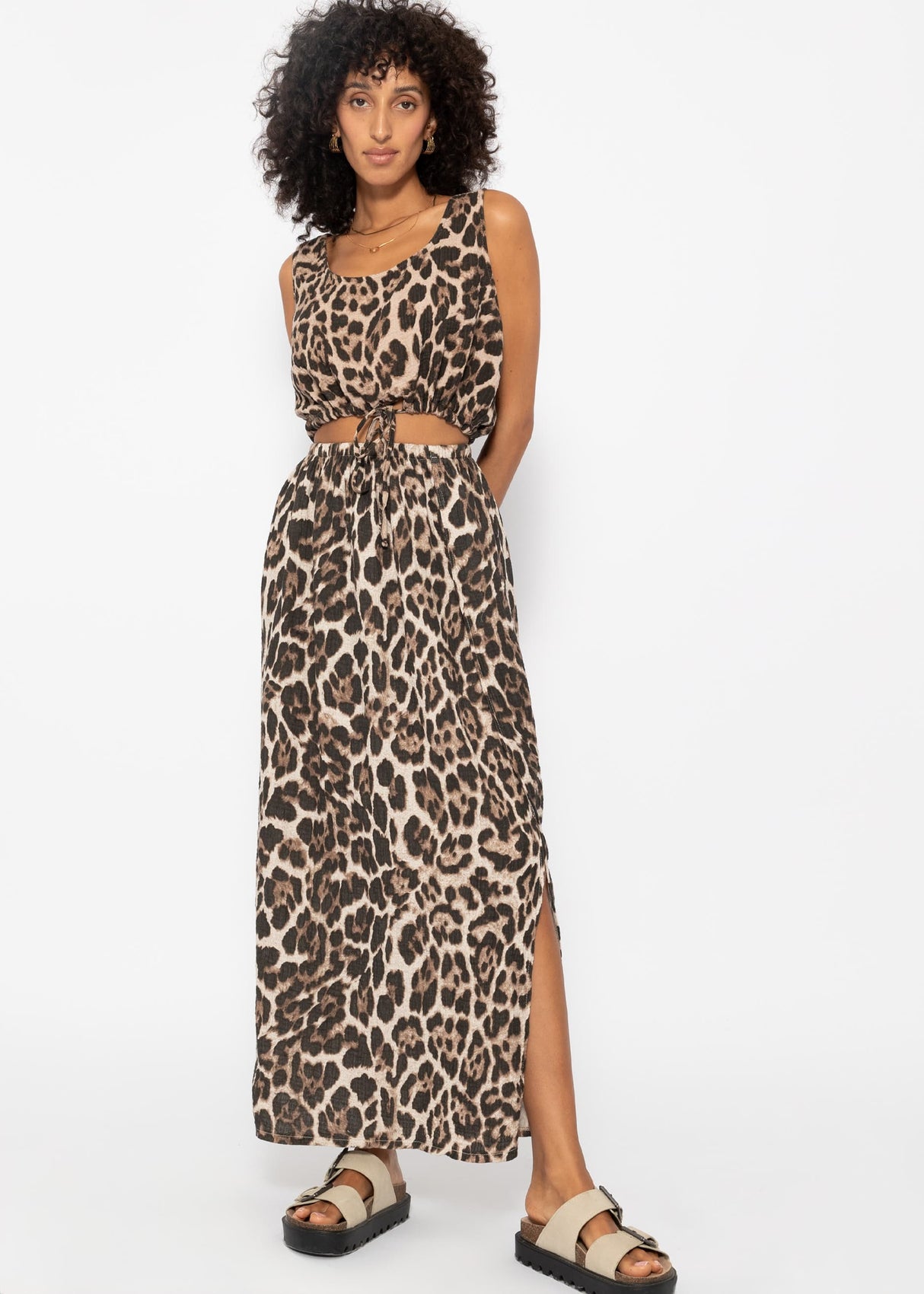 Muslin top with drawstring in leopard print - brown