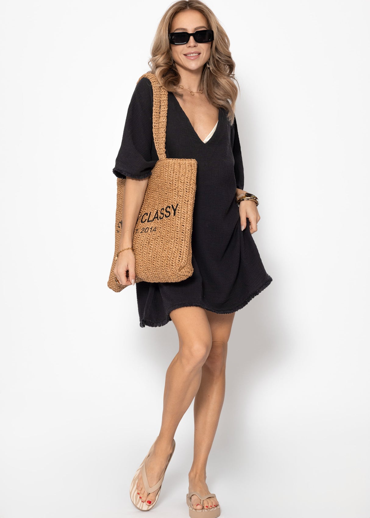 Musselin Tunika mit Fransen - schwarz