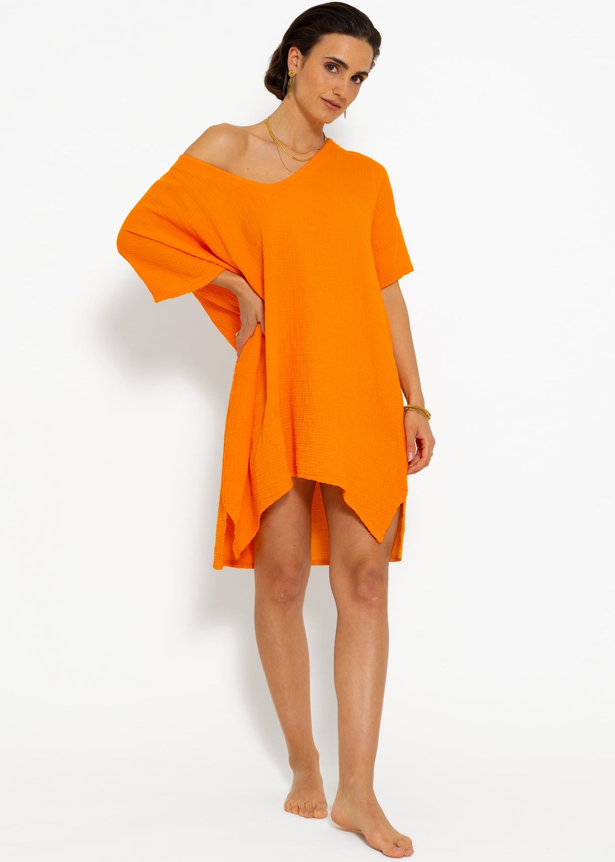 Musselin Tunika mit V-Ausschnitt - orange