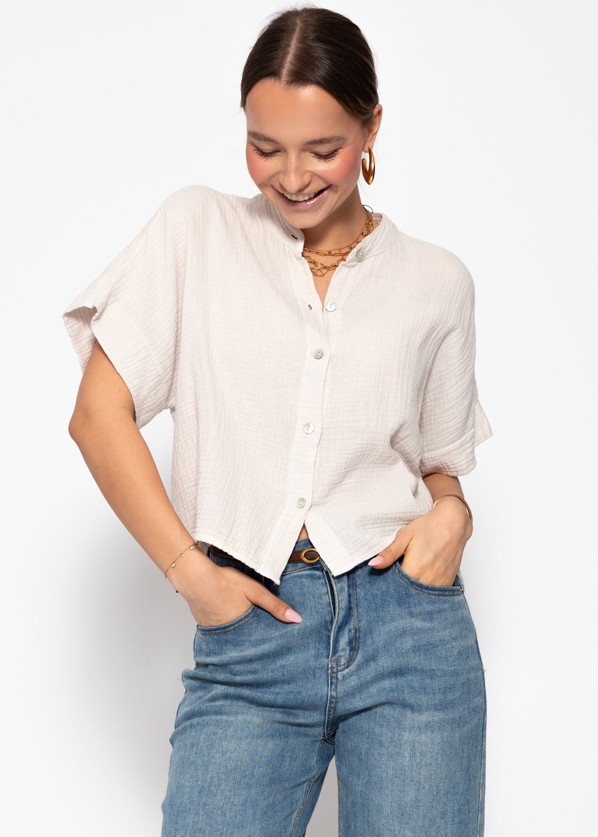 Musselin Bluse mit angeschnittenem kurzen Arm - hellbeige