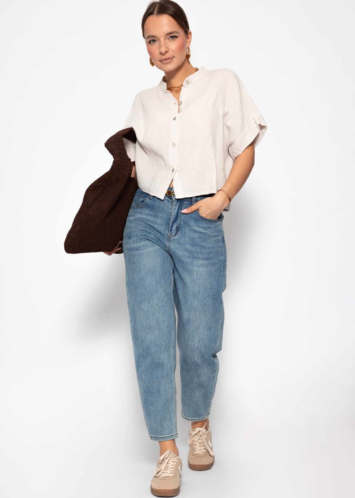 Musselin Bluse mit angeschnittenem kurzen Arm - hellbeige