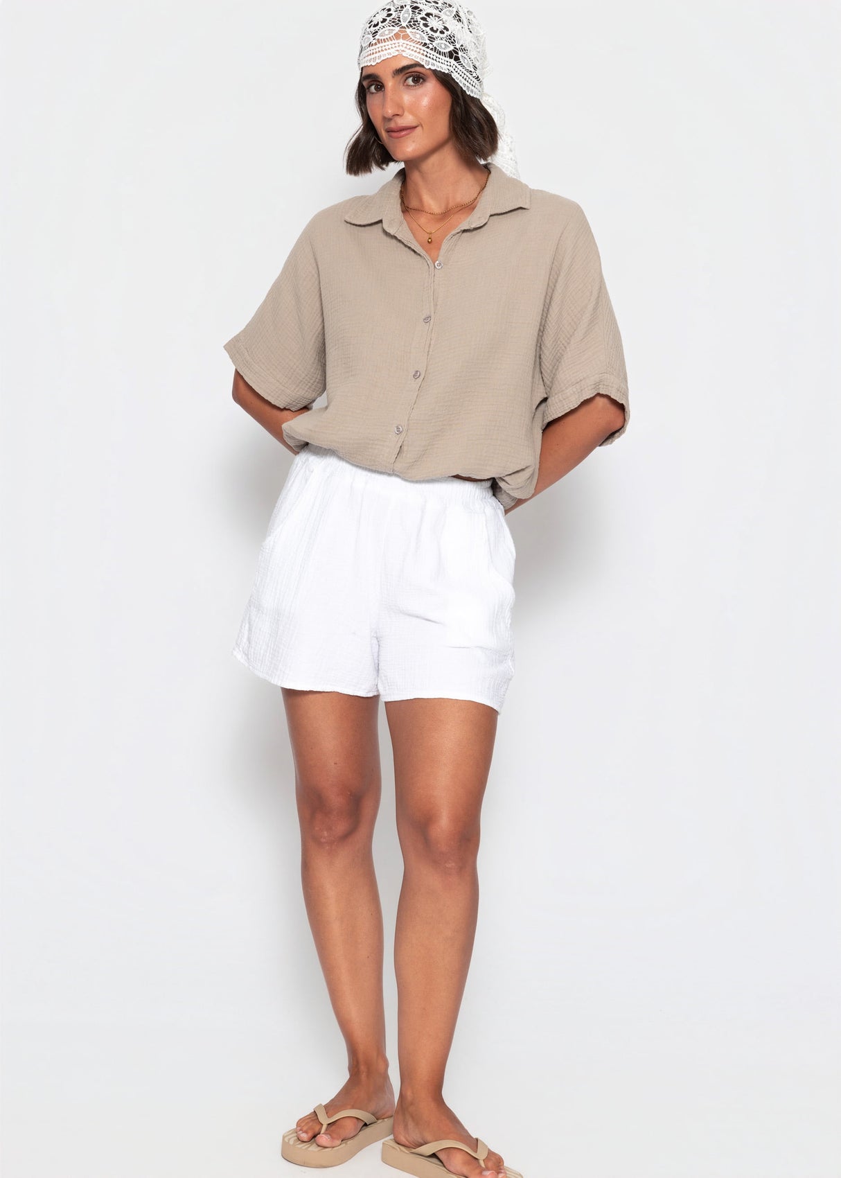 Musselinbluse mit Zugbandsaum - clay