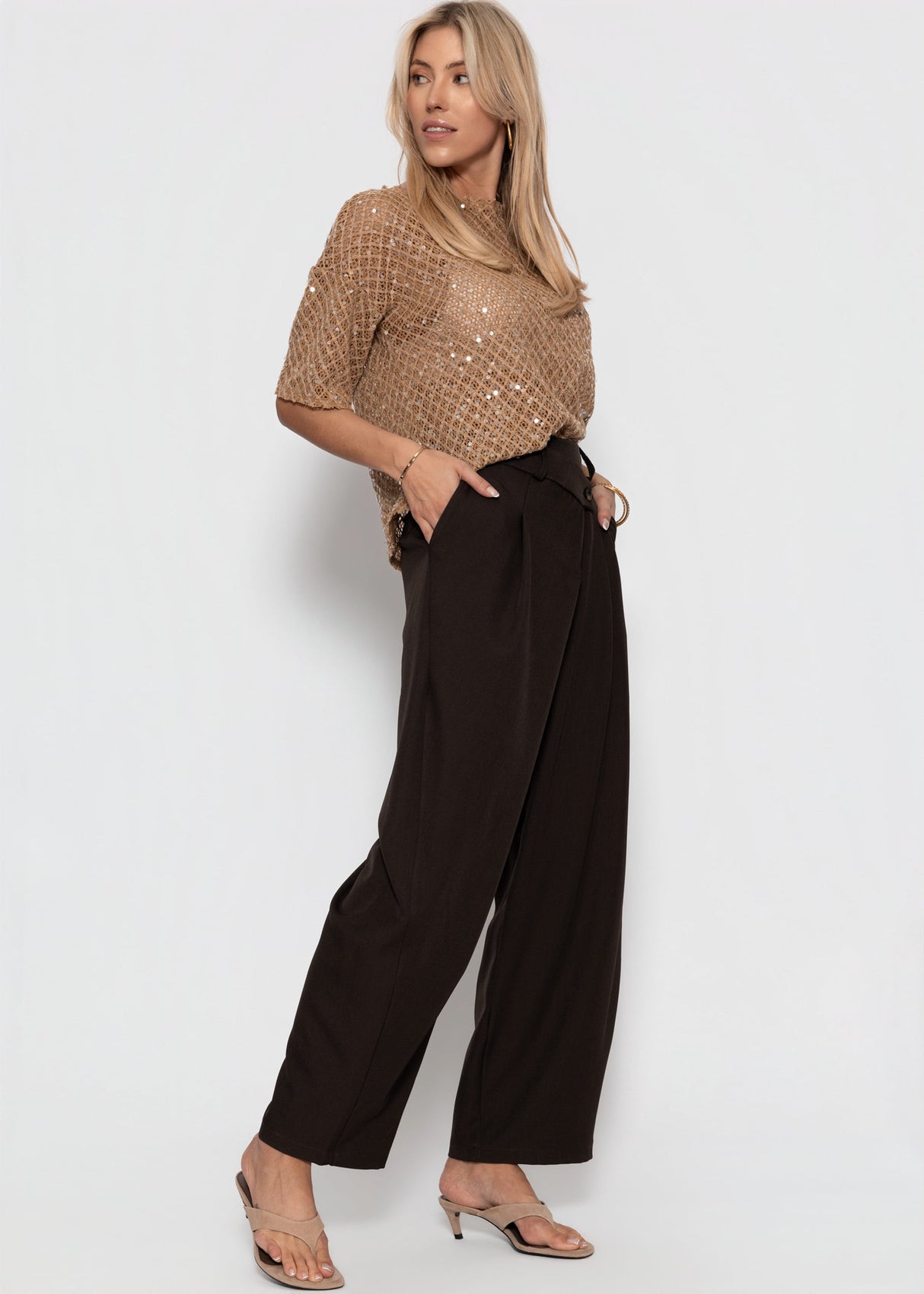 Netz-Shirt mit Pailletten - beige