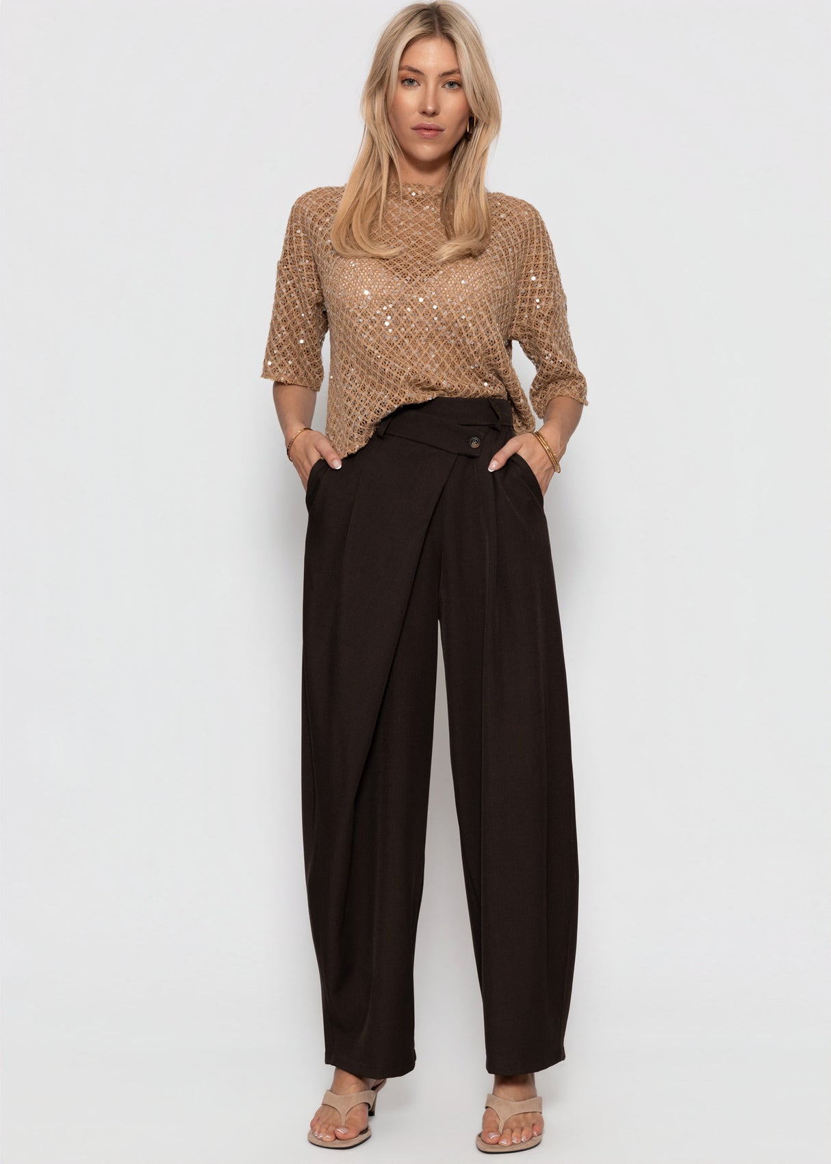 Netz-Shirt mit Pailletten - beige