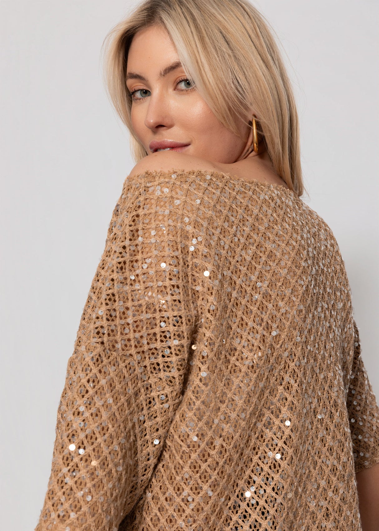 Netz-Shirt mit Pailletten - beige